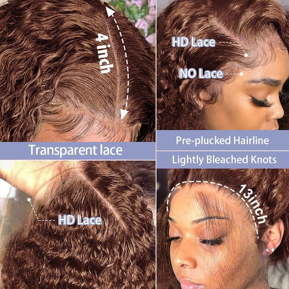 Hd Lace Front Wigs Human Hair 180% Density Chocolate Brown13X4 Water Curly Lace Front Wigs Human Hair Pre Plucked Glueless Wigs