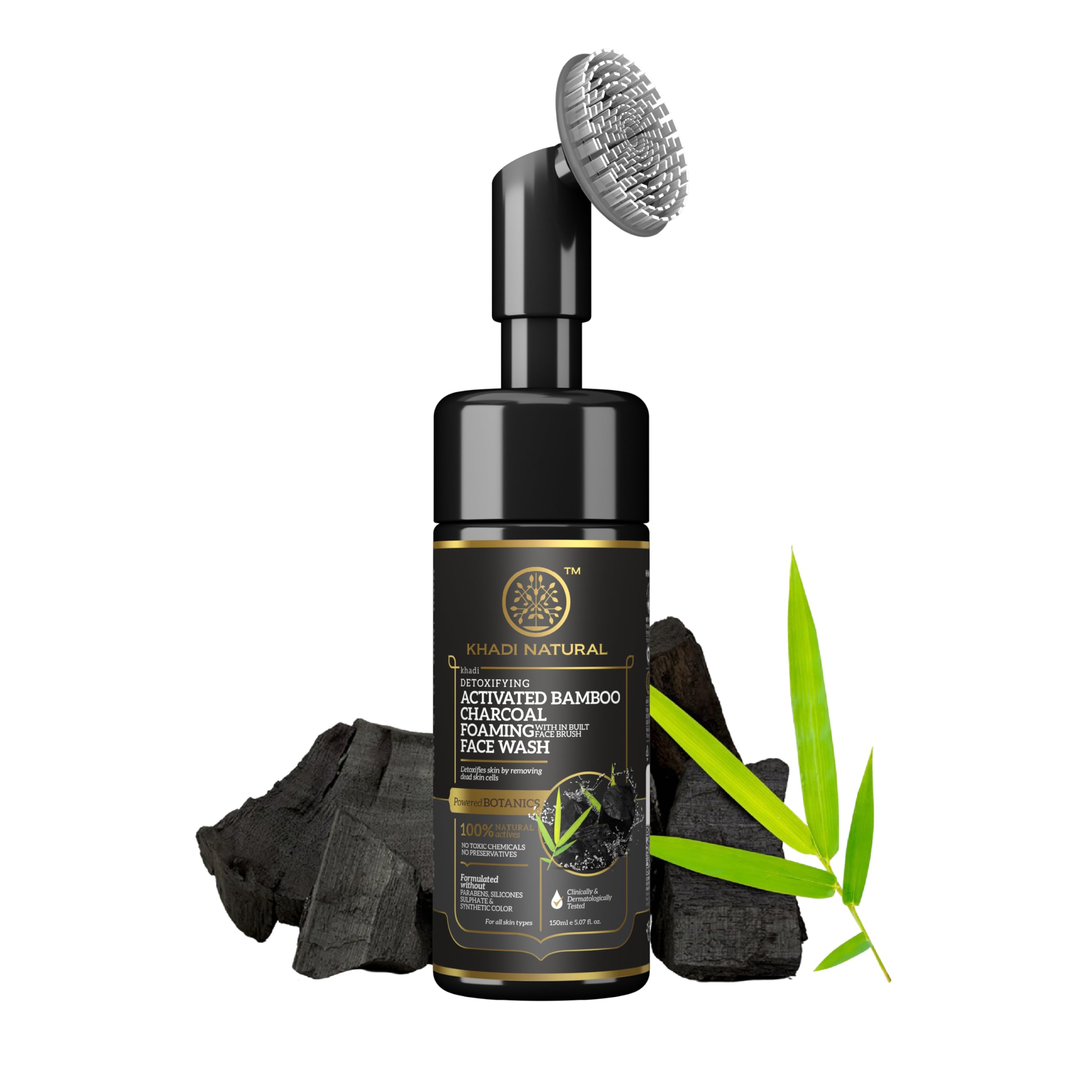 Khadi Natural Activated Bamboo Charcoal Foaming Face Wash With In Built Face Brush | Powered Botanics Face Cleanser For Deep Ski