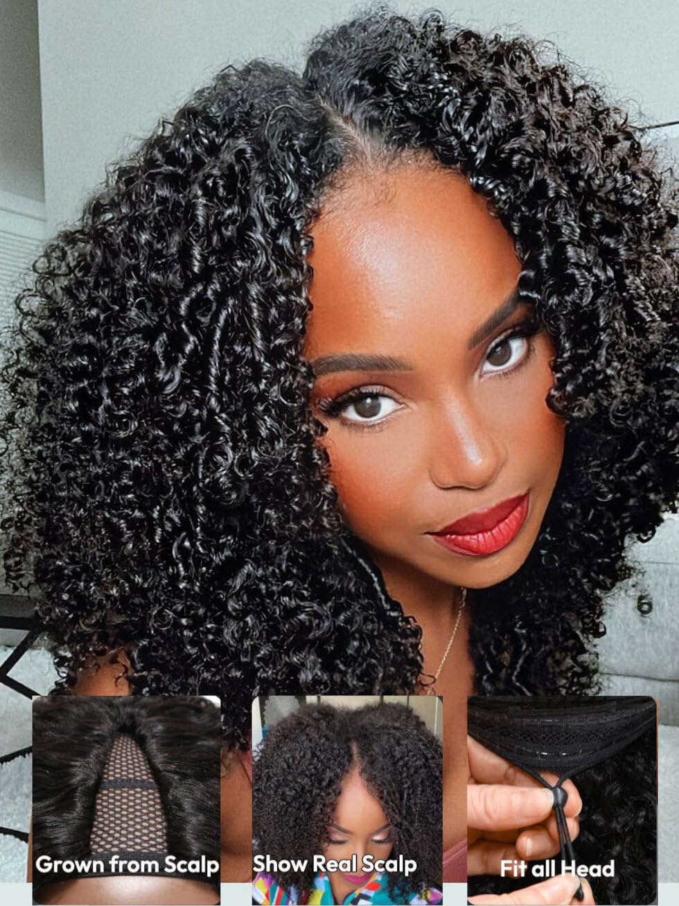 Unice Easicontour Kinky Curly V Part Wigs Human Hair Minimal Leave Out Brazilian Glueless U Part Human Hair Wig Beginner Friendl