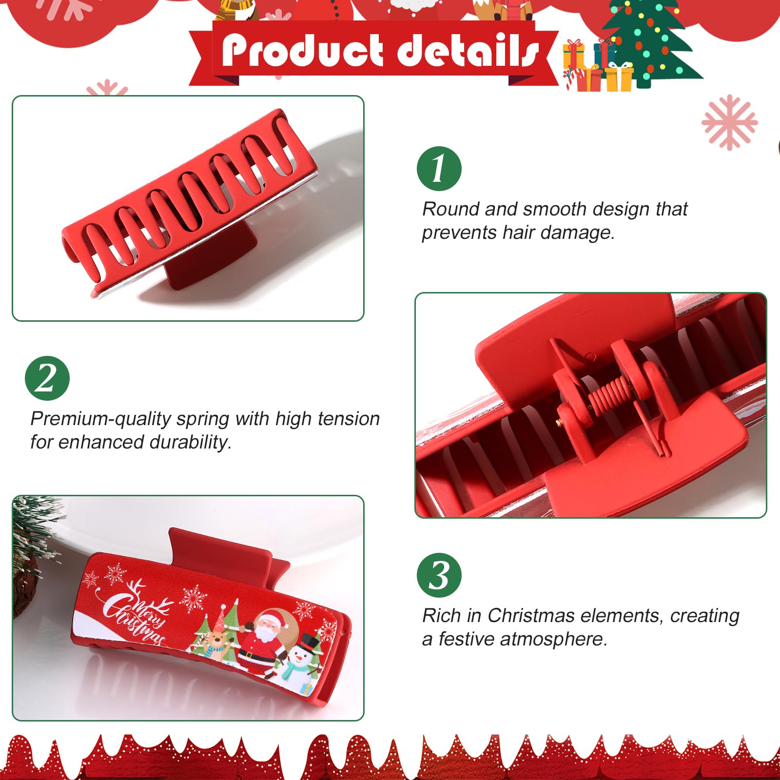 Liyiq 8Pcs Christmas Claw Clips Christmas Hair Accessories For Women French Claw Clip Xmas Holiday Hair Clips Santa Claus Snowfl