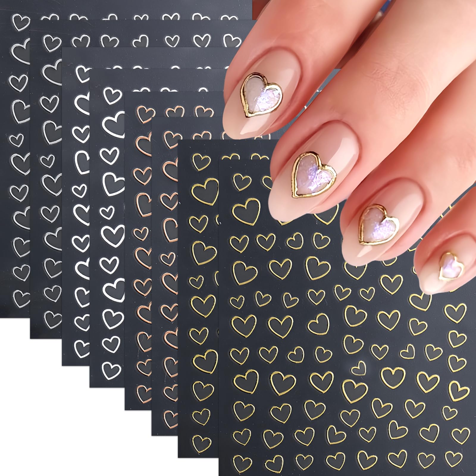 Valentine's Day Nail Art Sticker Heart Nail Decals 3D Self Adhesive Hollow Heart Nail Art Sticker Black Gold Silver Rose Gold Lo