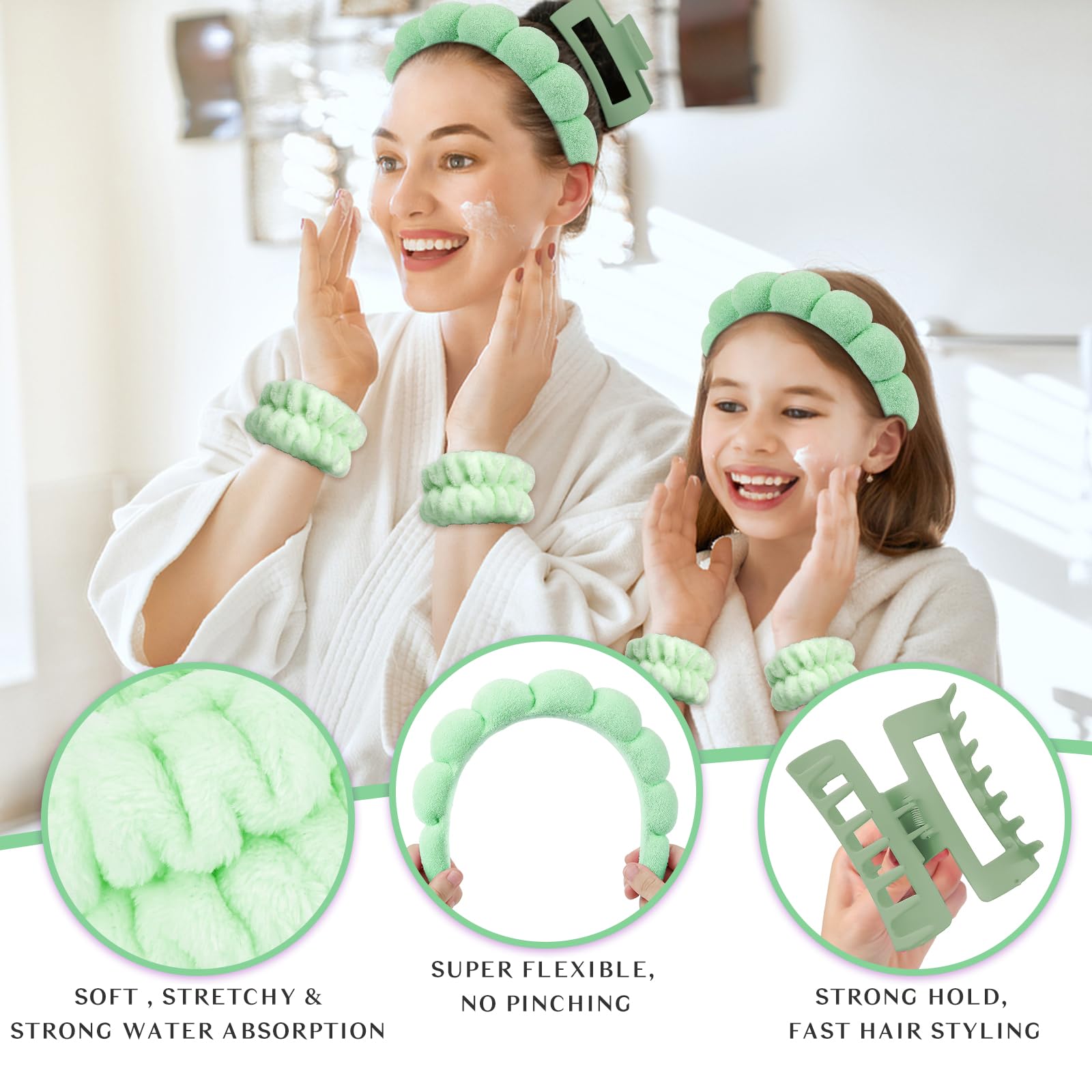 Wecoe Spa Headband And Wristband Set Skincare Headband For Washing Face Hair Claw Clips For Thick Hair Cute Green Puffy Sponge M