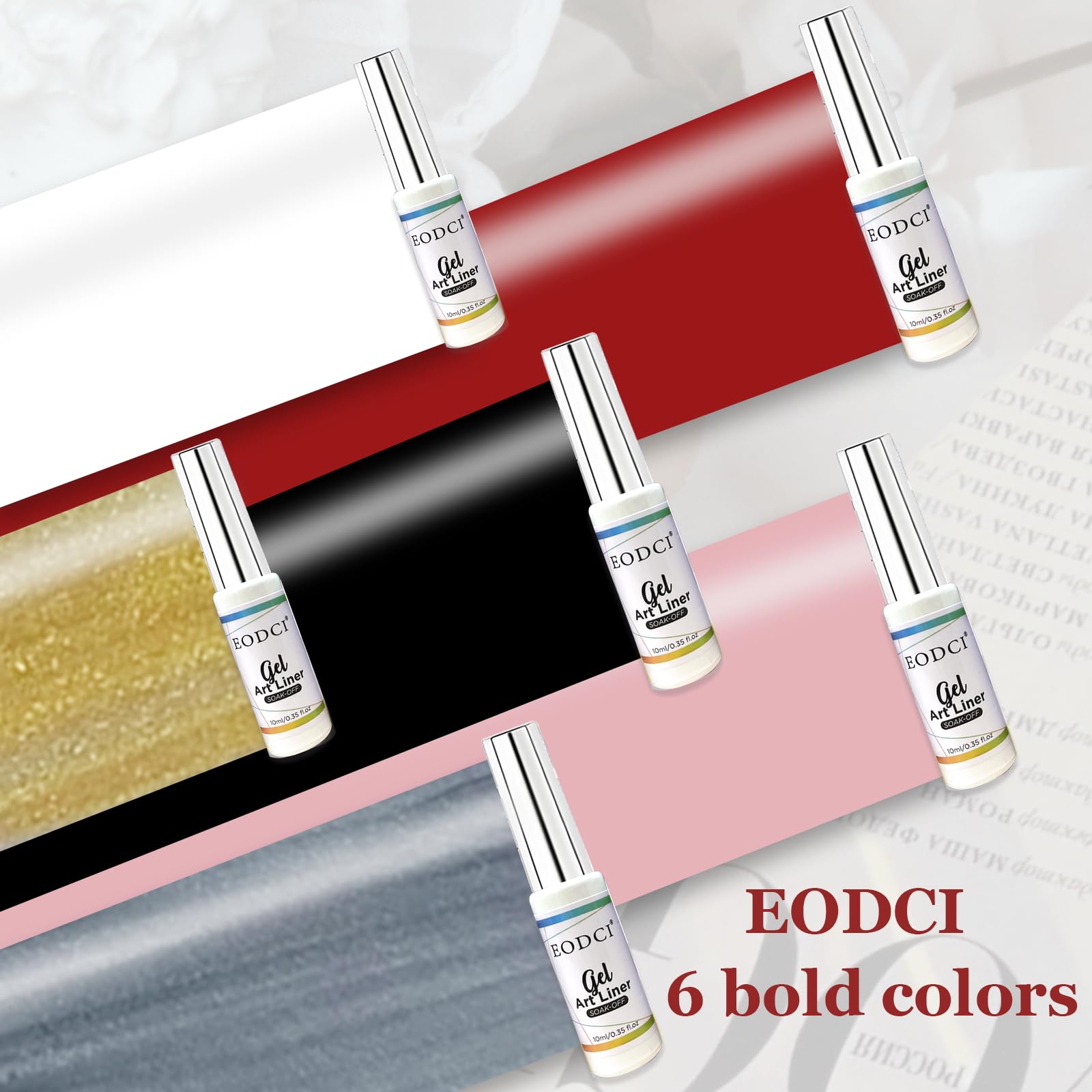 Eodci Gel Liner Art Polish Set 10Ml, 6 Colors Black White Red Pink Glitters Gold Silver, Nail Polish Paint Swirl Built Thin Brus
