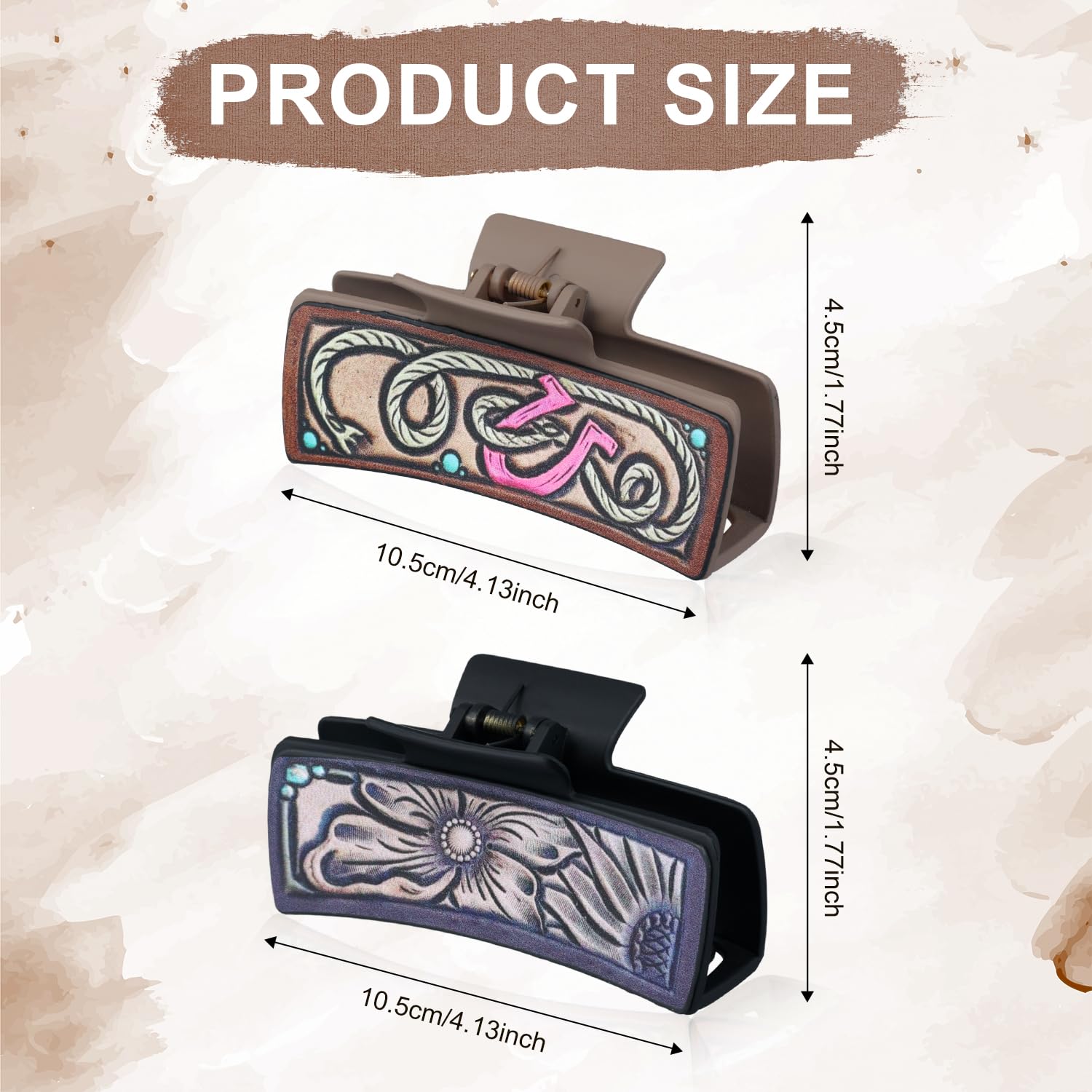 2pcs Western Leather Hair Claw Clips, Square Claw Clips with 2 Patterns Large Aesthetic Claw Hairpins Cowhide Hair Accessories f