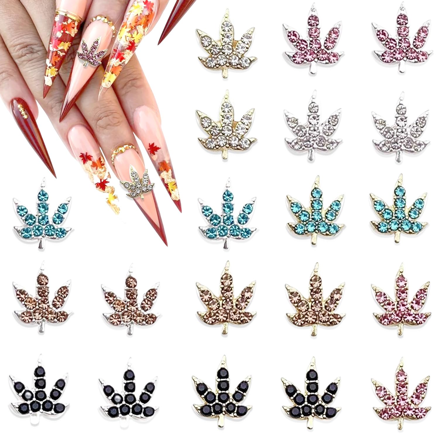 20 Pcs Fall Nail Charms Colorful Maple Leaf Nail Charms 3D Alloy Color Crystal Maple Leaves Nail Rhinestones Mix Luxury Jewelry 
