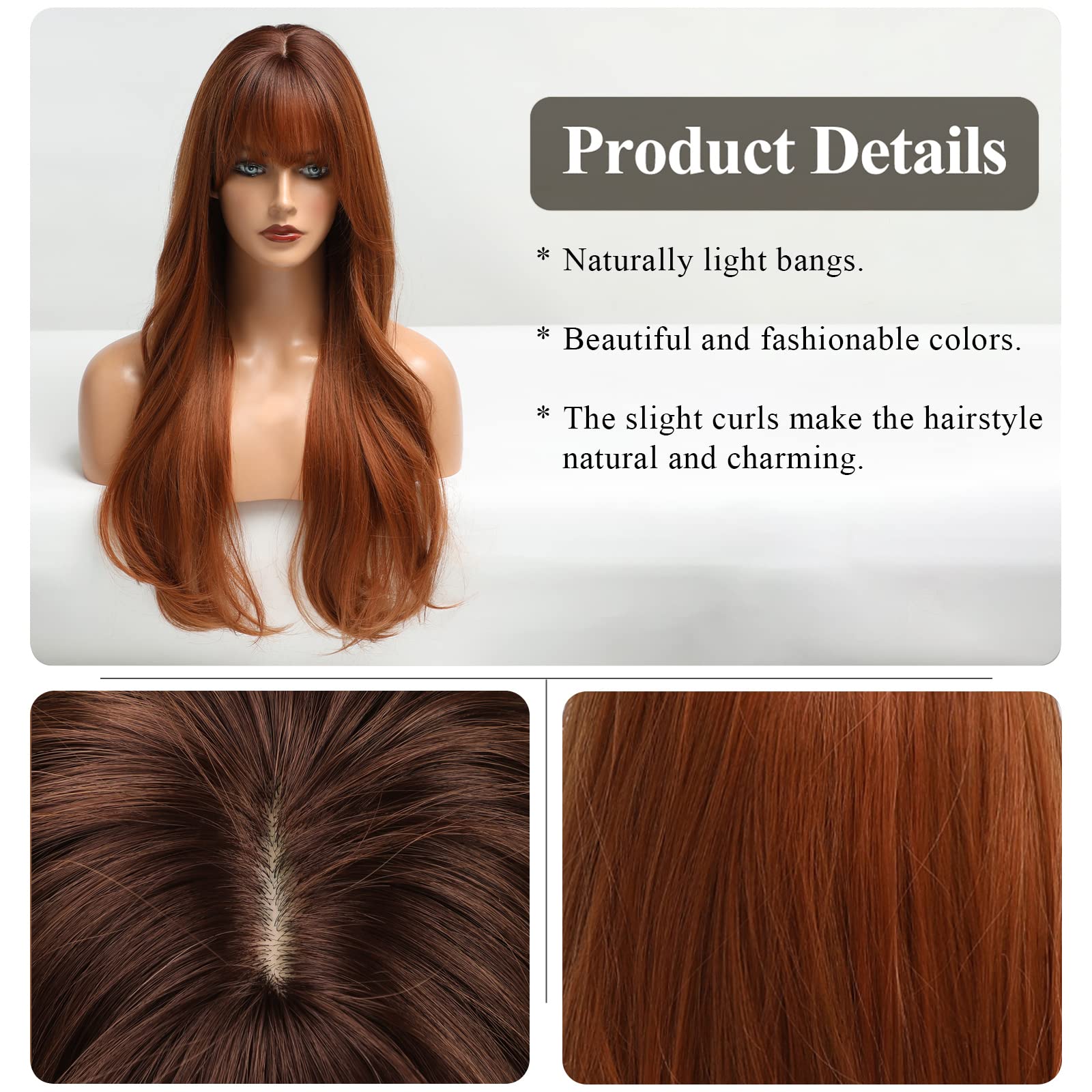 HAIRCUBE Long Auburn Wig with Bangs Layered Curly Orange Wigs for Women Natural Synthetic Wigs for Daily Use (pelucas de cabello