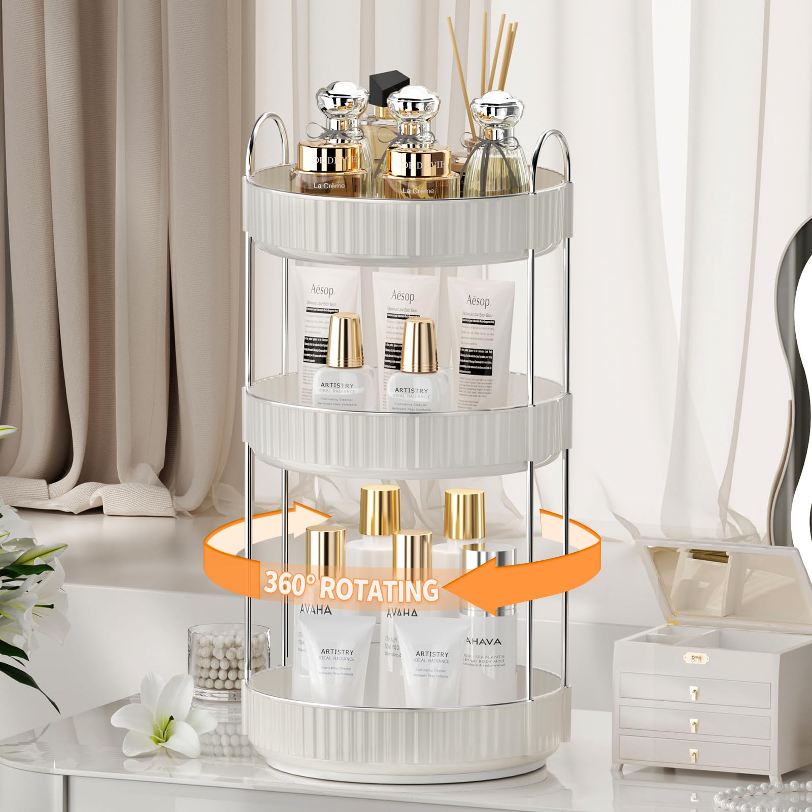 Shuang Qing Rotating Makeup Organizer For Vanity 3 Tier, High-Capacity Skincare Clear Make Up Storage Perfume Organizers Cosmeti