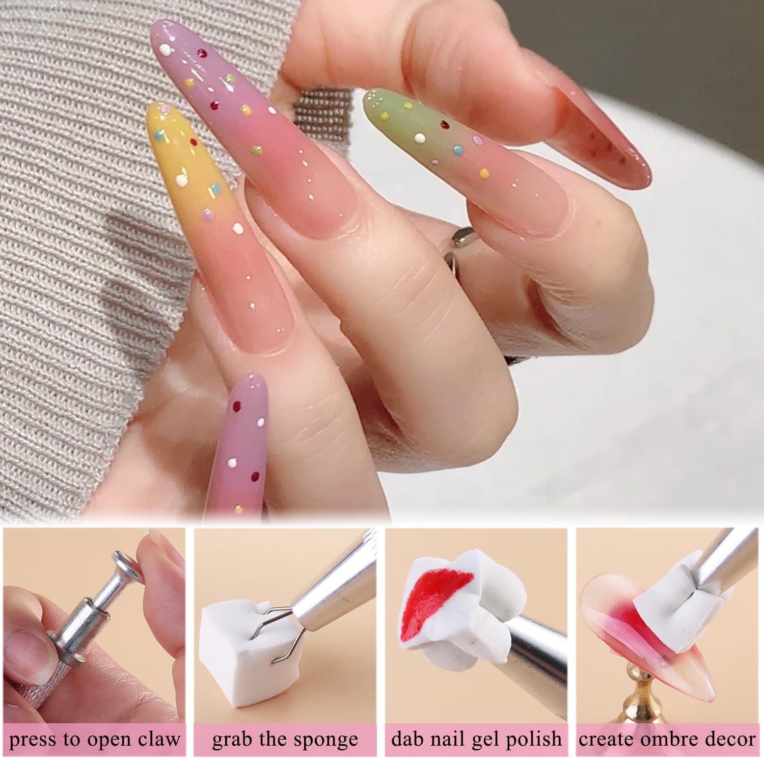 Fcozpjk 100Pcs Soft Nail Sponges for Ombre, Gradient Effect White Nail Art Sponges With Grabbing Pen 6Pcs Wedge Sponges Aura Nai