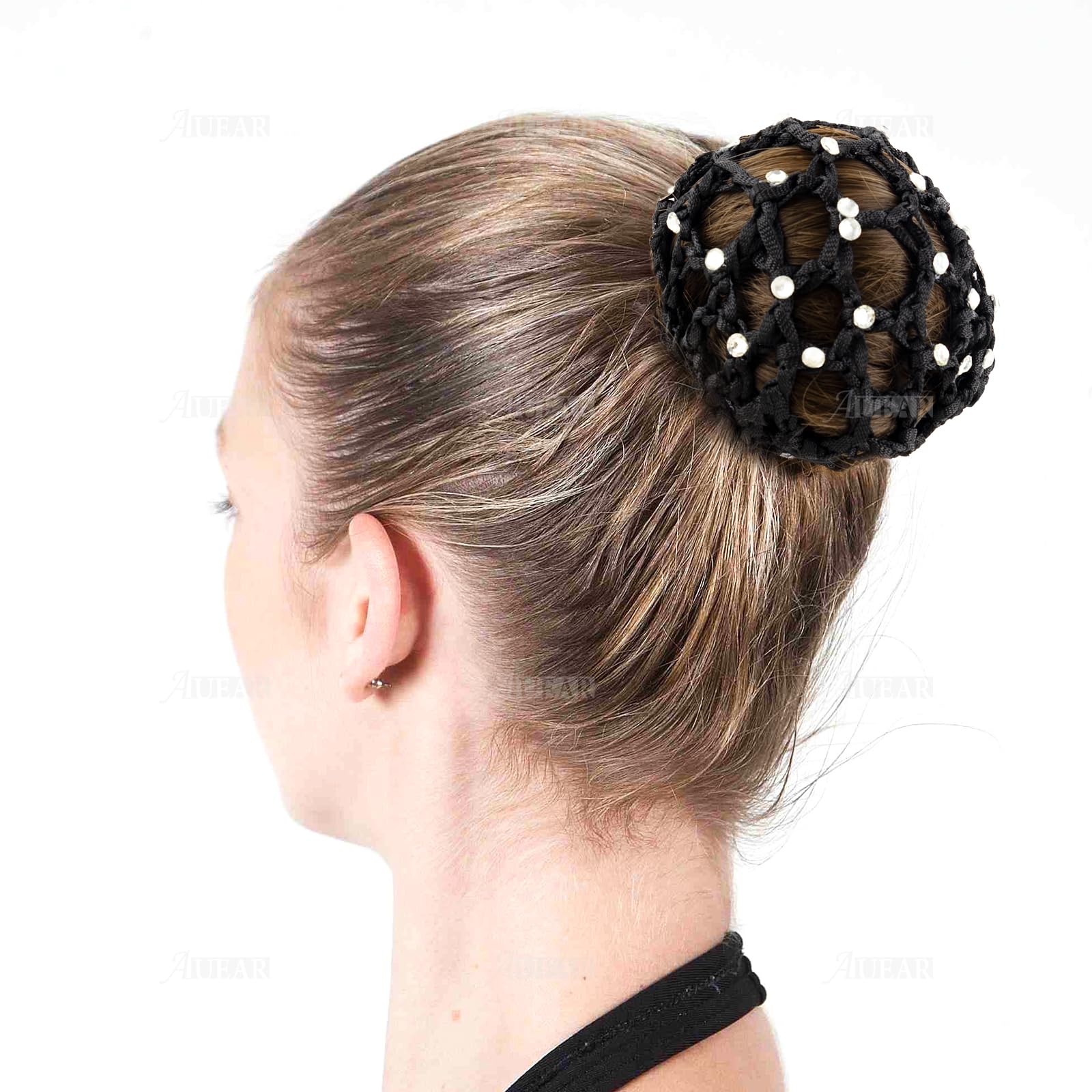 AUEAR Hair Bun Cover, 5 Pack Handmade Rhinestone Crochet Elastic Bun Hair Nets for Women Girls Ballet Dance Skating, Blue, Black