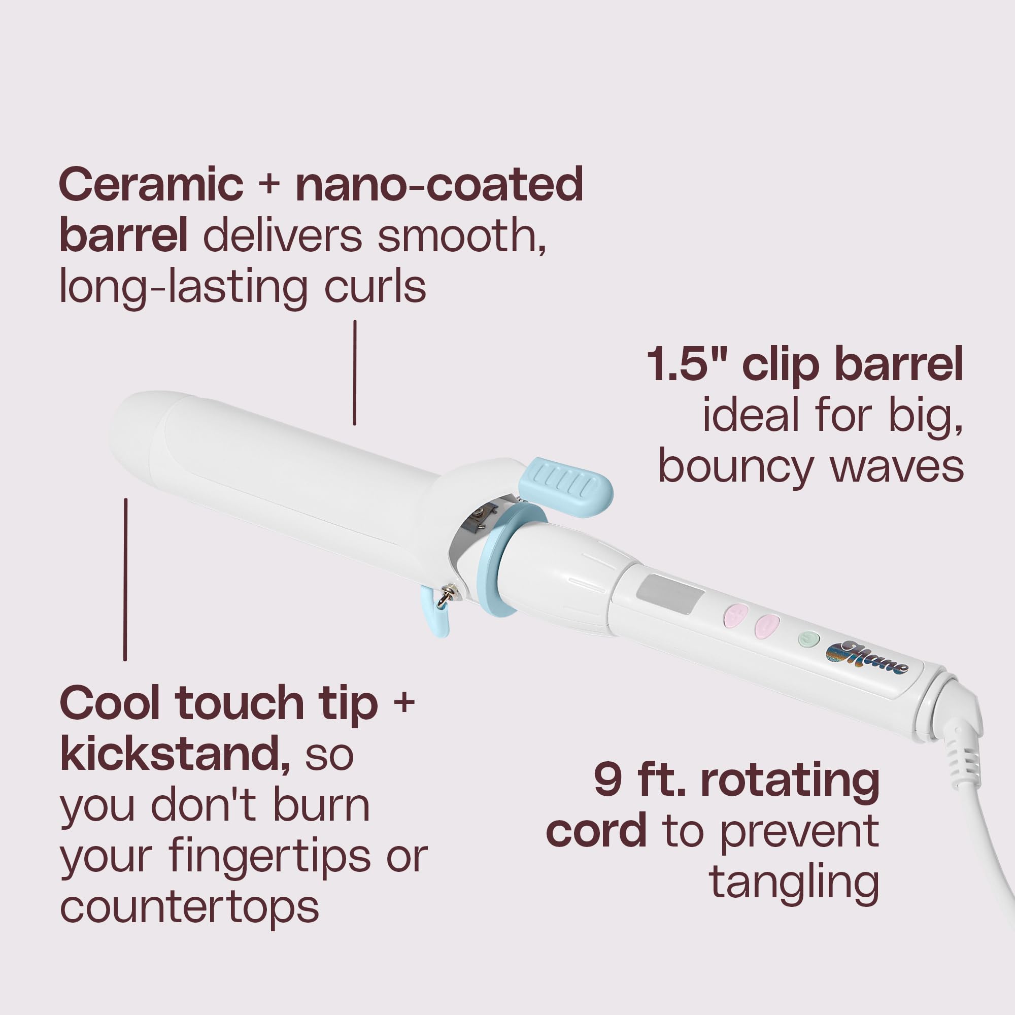 Mane 1.5 Inch Curling Iron - Ceramic Hair Curler for Glossy, Large Curls or Soft Waves - Delivers Smooth, Long-Lasting Curls for