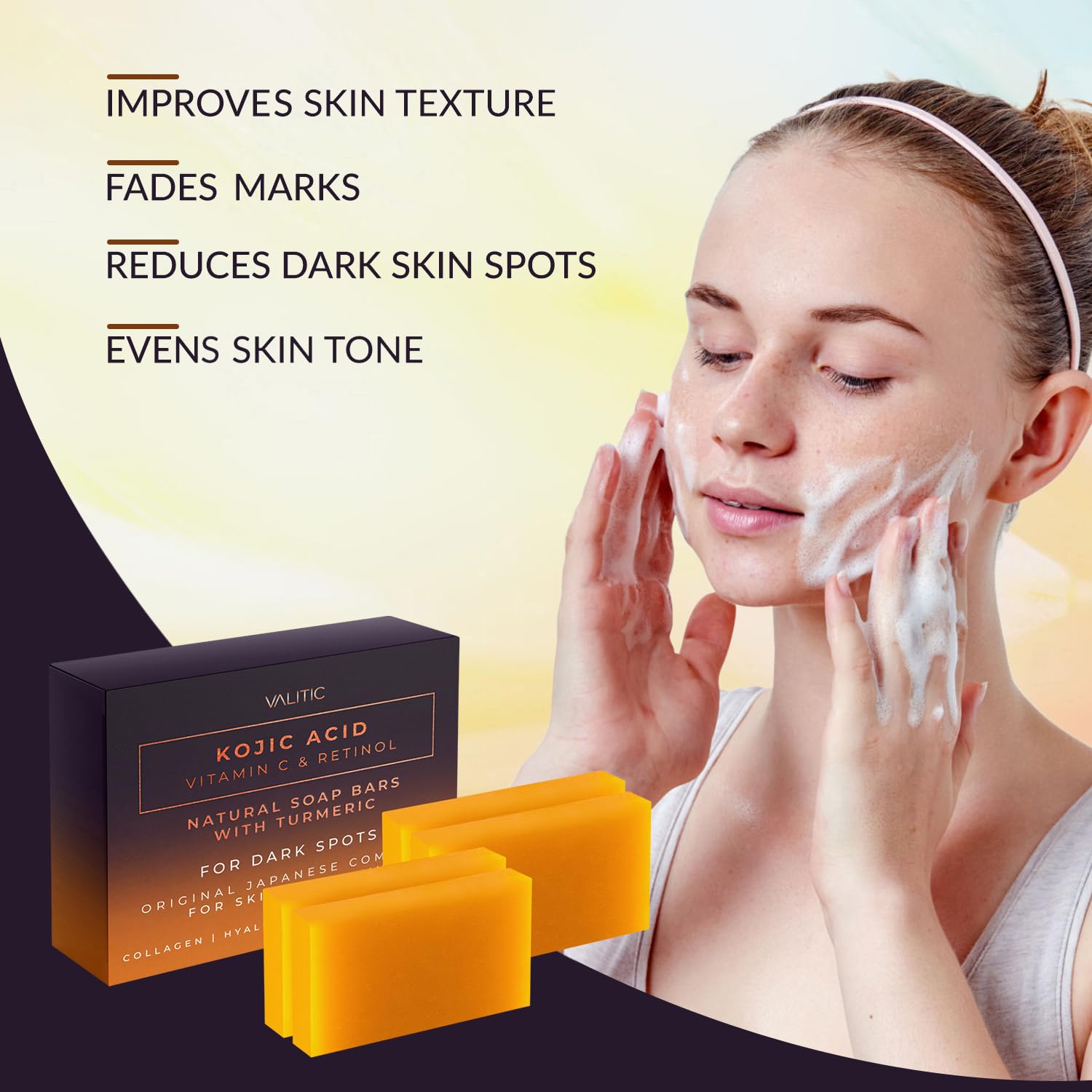 Valitic 4 Pack Kojic Acid Vitamin C & Retinol Soap Bars For Dark Spot & A Pair Of Black Exfoliating Gloves For Body Scrubs