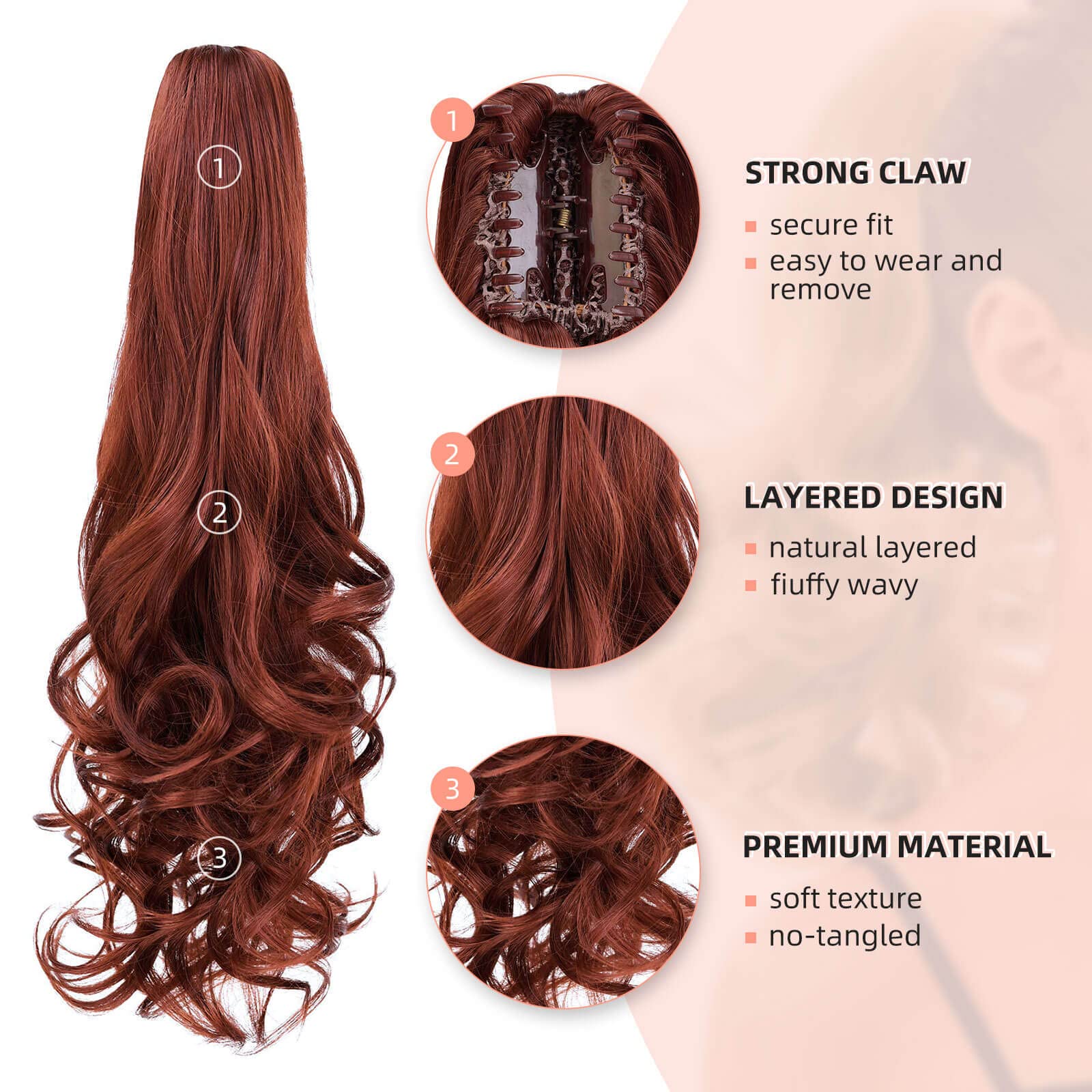 Heweicsy Ponytail Extensions,Hair Extension Ponytail 22'' Long Claw Hair Extension Synthetic Curly Wavy Hairpieces Ponytail Clip