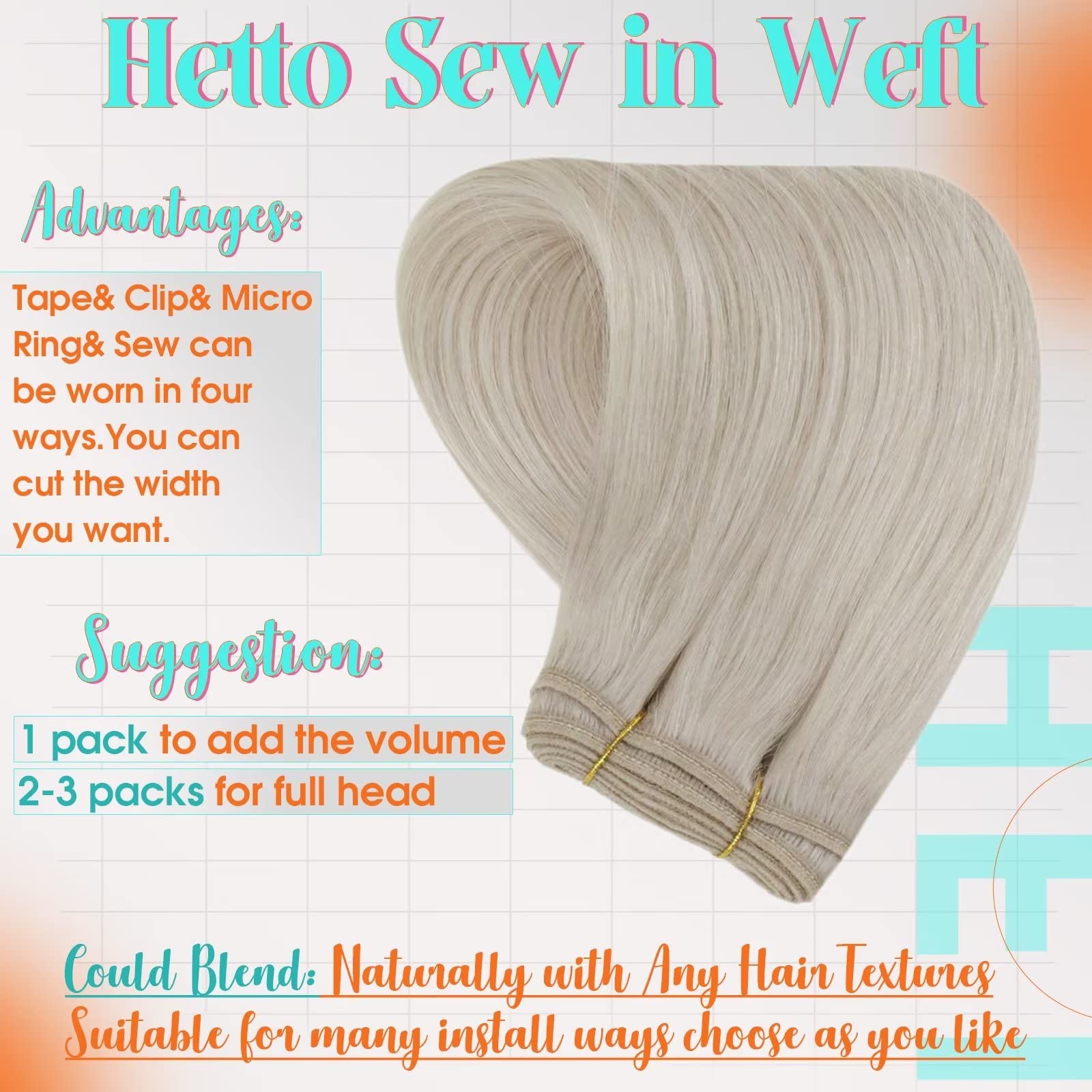 Hetto Blonde Hair Weft Extensions Human Hair Sew in Blonde Weft Hair Extensions Human Hair 12 Inch 70g #60 Platinum Blonde Human