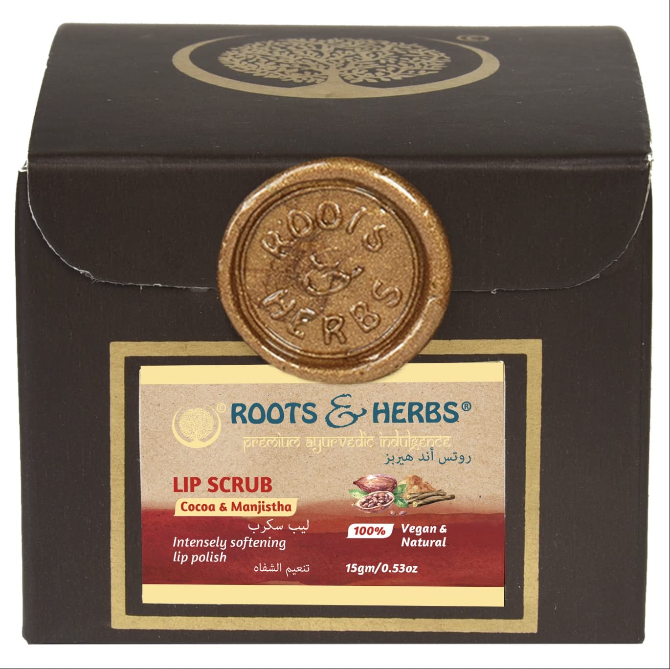 ROOTS AND HERBS Ayurvedic Cacao & Manjistha Cane Sugar Lip Scrub 100% Vegan, No-Paraben, No-SLS, No-Sulphate & Natural Treatment