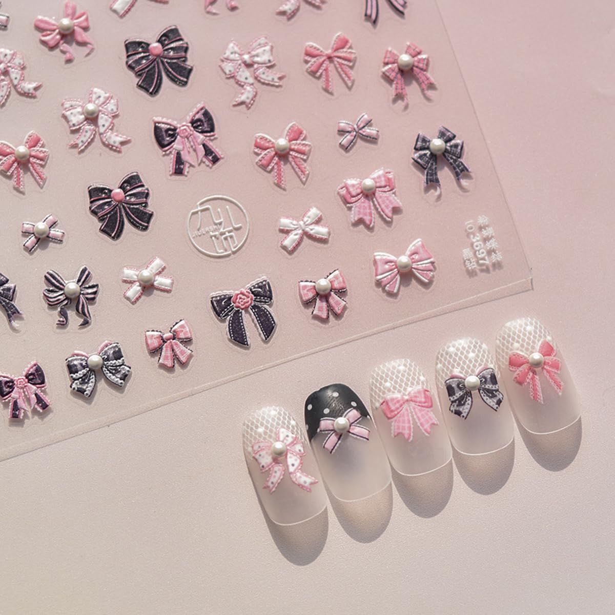 Pink Bow Nail Art Stickers 5D Embossed Kawaii Bow Nail Decals With Pearl 1Pcs Cute Pink Bowknot Valentines Nail Designs Adhesive