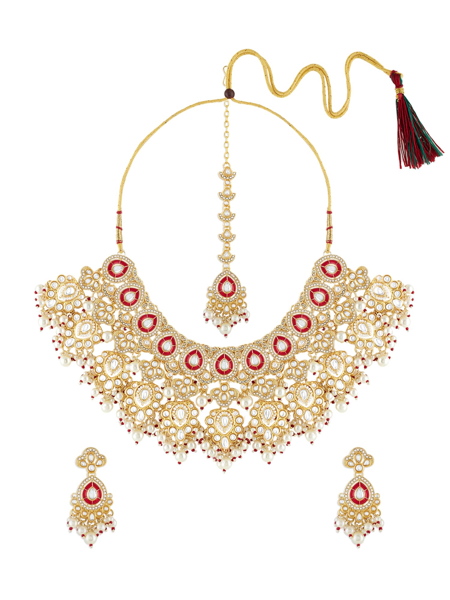 Zaveri Pearls Red Meenakari Dazzling Stones & Beads Bridal Necklace Earring & Maangtikka Set For WomenZpfk21313