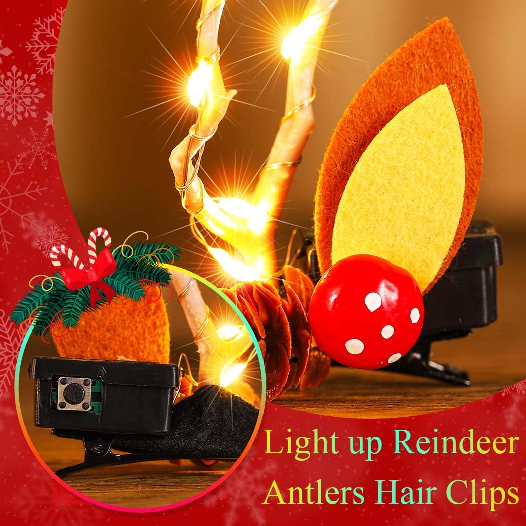 Bartosi Led Light Christmas Hair Clips Reindeer Antlers Xmas Hairpins Hair Barrettes Cute Party Cosplay Head Pieces Hair Accesso