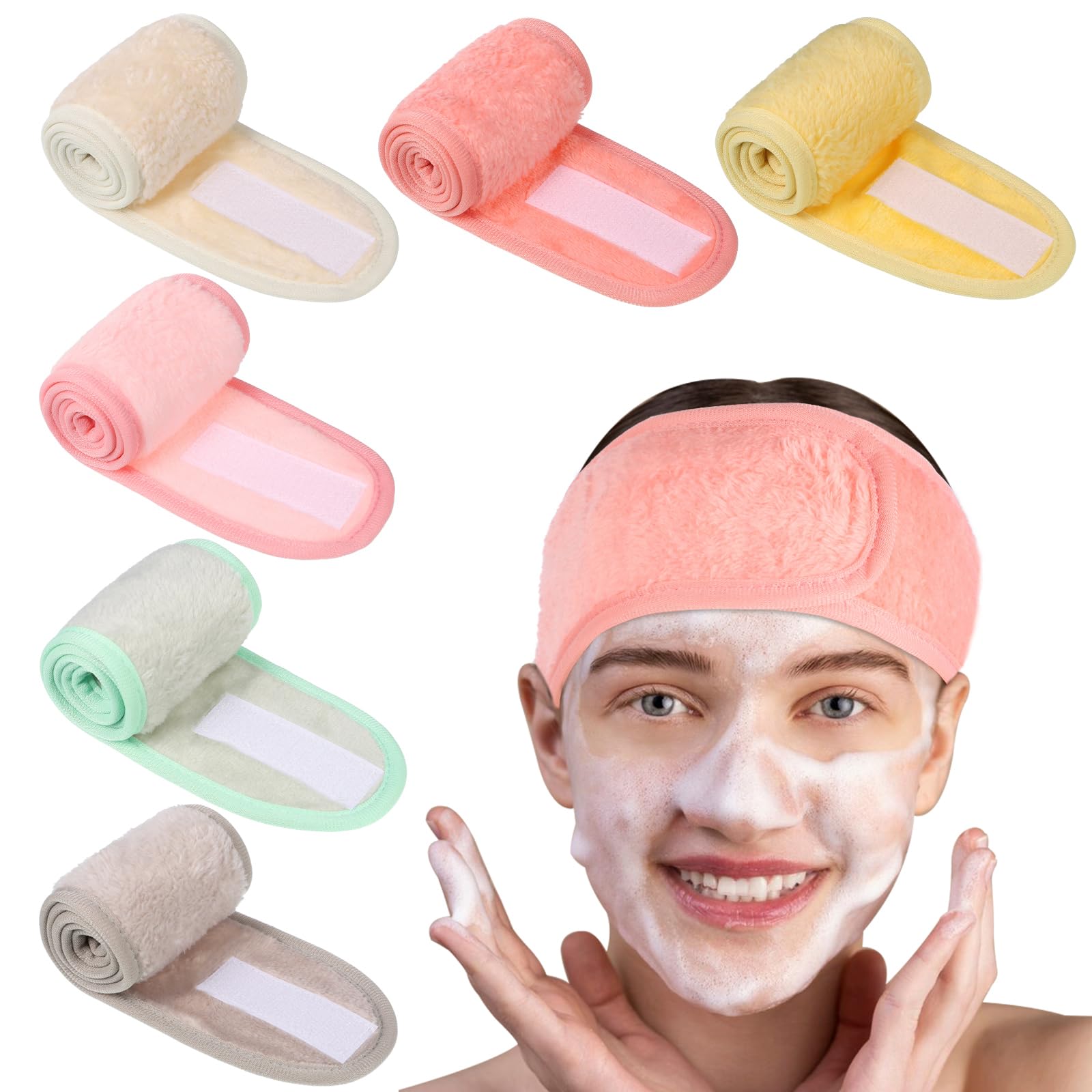 Obeoby 6 Pack Spa Facial Headbands For Women, Adjustable Face Wash Headband Coral Fleece Skincare Headband Make Up Wrap Head For