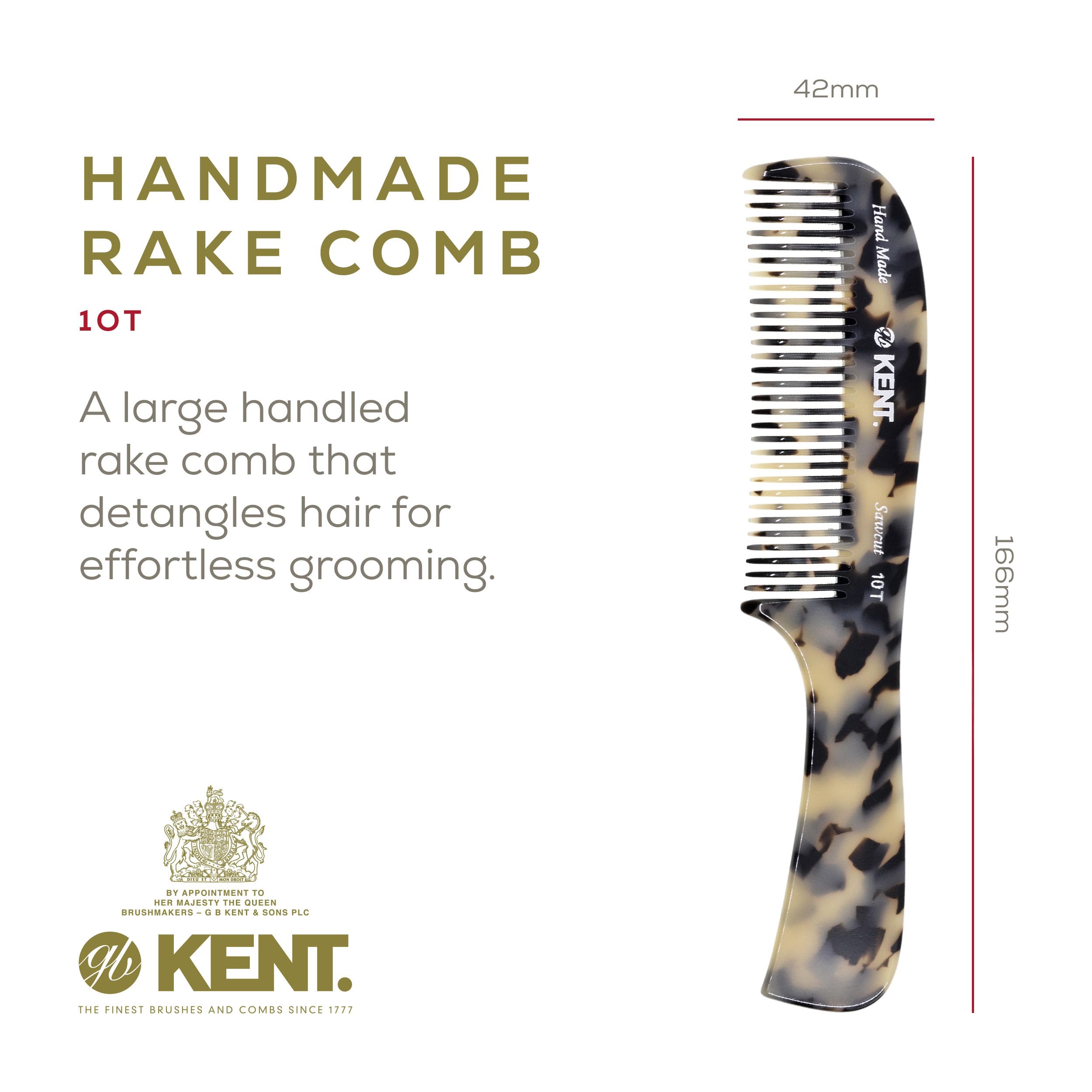 Kent Large Hair Detangler Comb For Women, Handmade Wide Tooth Comb For Curly Hair - Saw Cut, Cellulose Acetate, Waterproof, Flex