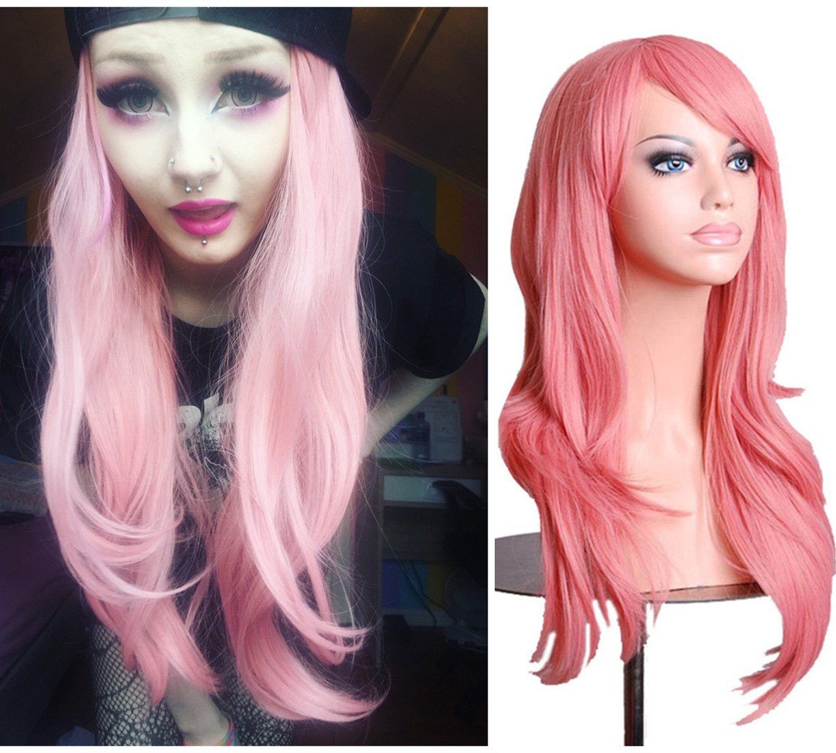 Aneshe Wigs 28'' Long Wavy Hair Heat Resistant Cosplay Wig For Women (Pink)
