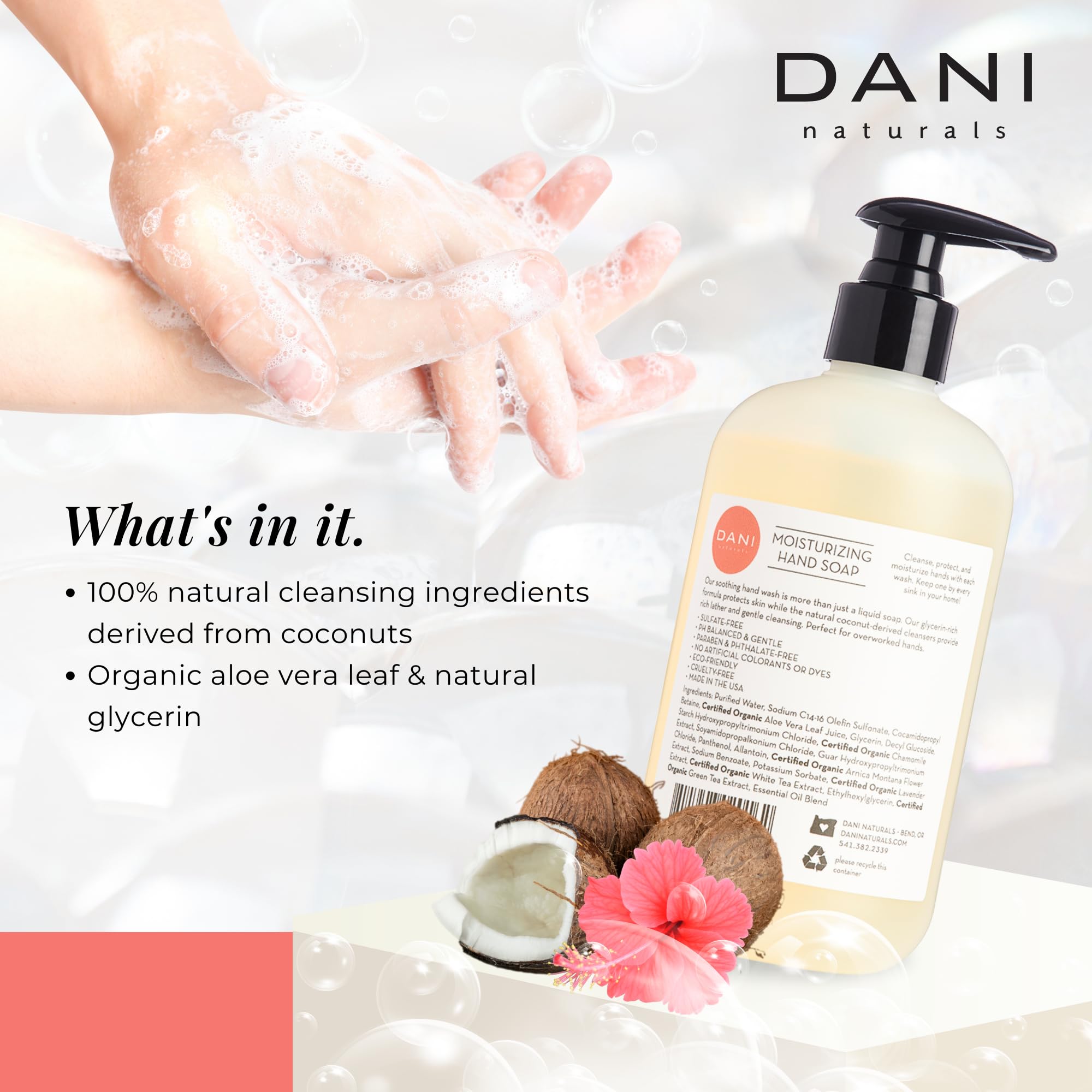 Dani Natural Moisturizing Liquid Handwash Naturals -Tropical Coconut Hibiscus Scented - Gentle Soap With Organic Aloe Vera - 12