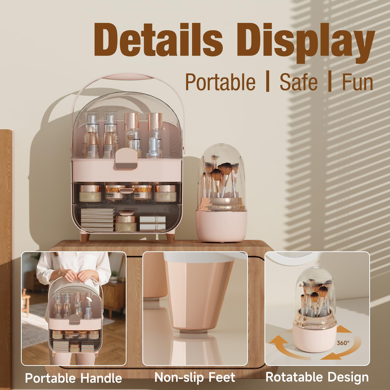 CLBDRESS Makeup Organizer Countertop, Makeup Brush Holder with Lid & Drawers, Bathroom Vanity Organizer and Storage, Make Up Org