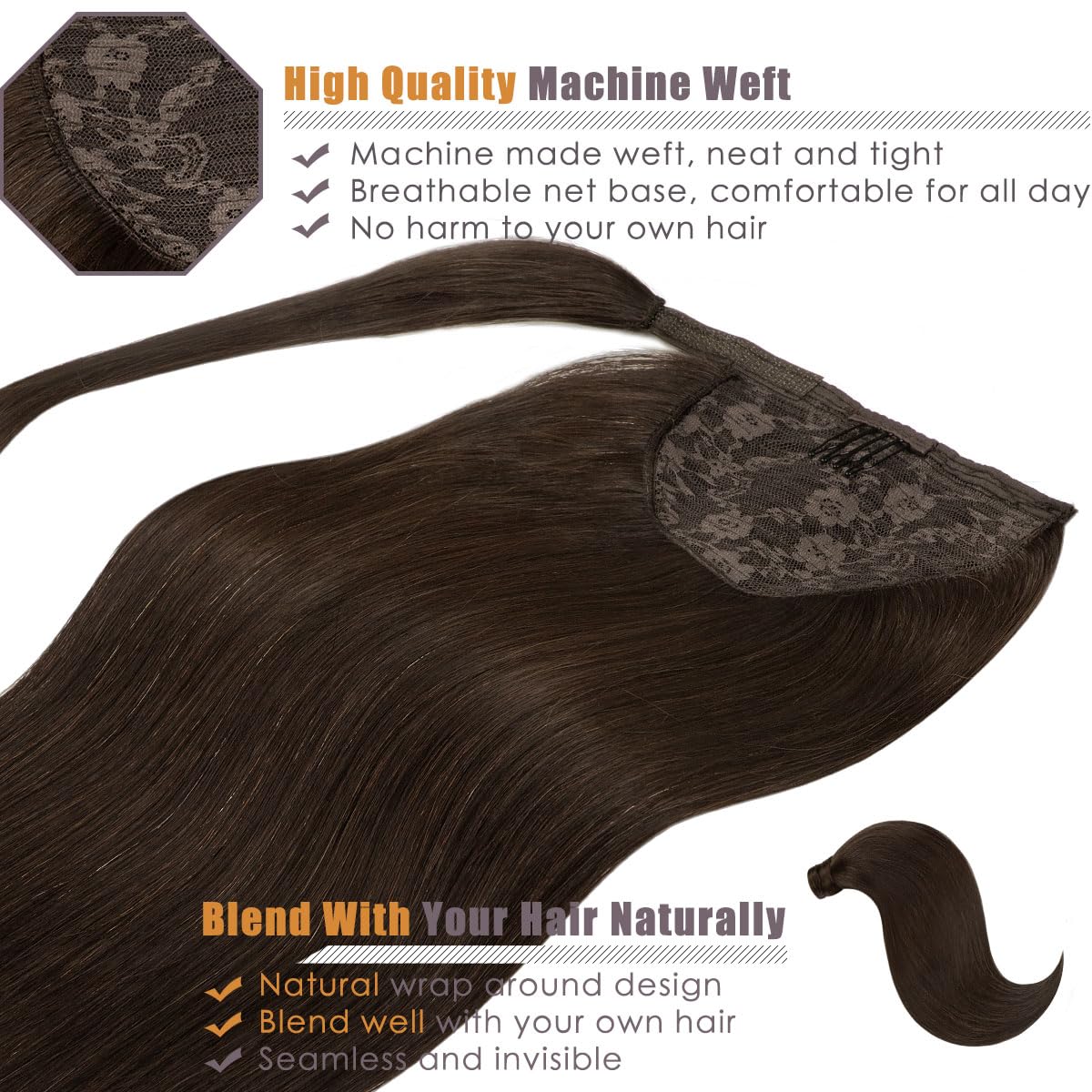 Lacer Warm Dark Brown Ponytail Extension Wrap Around Human Hair With Magic Paste 22 Inch Long Ponytail Extension Human Hair Silk
