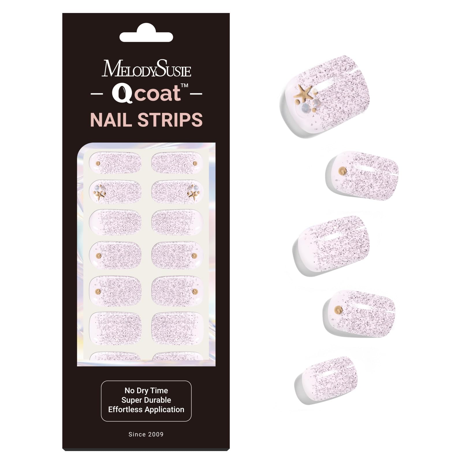 MelodySusie Qcoat Fully Cured Gel Nail Strips, Pink Glitter Starfish, UV Free Nail Polish Strips, Salon Quality, Long Lasting Ge