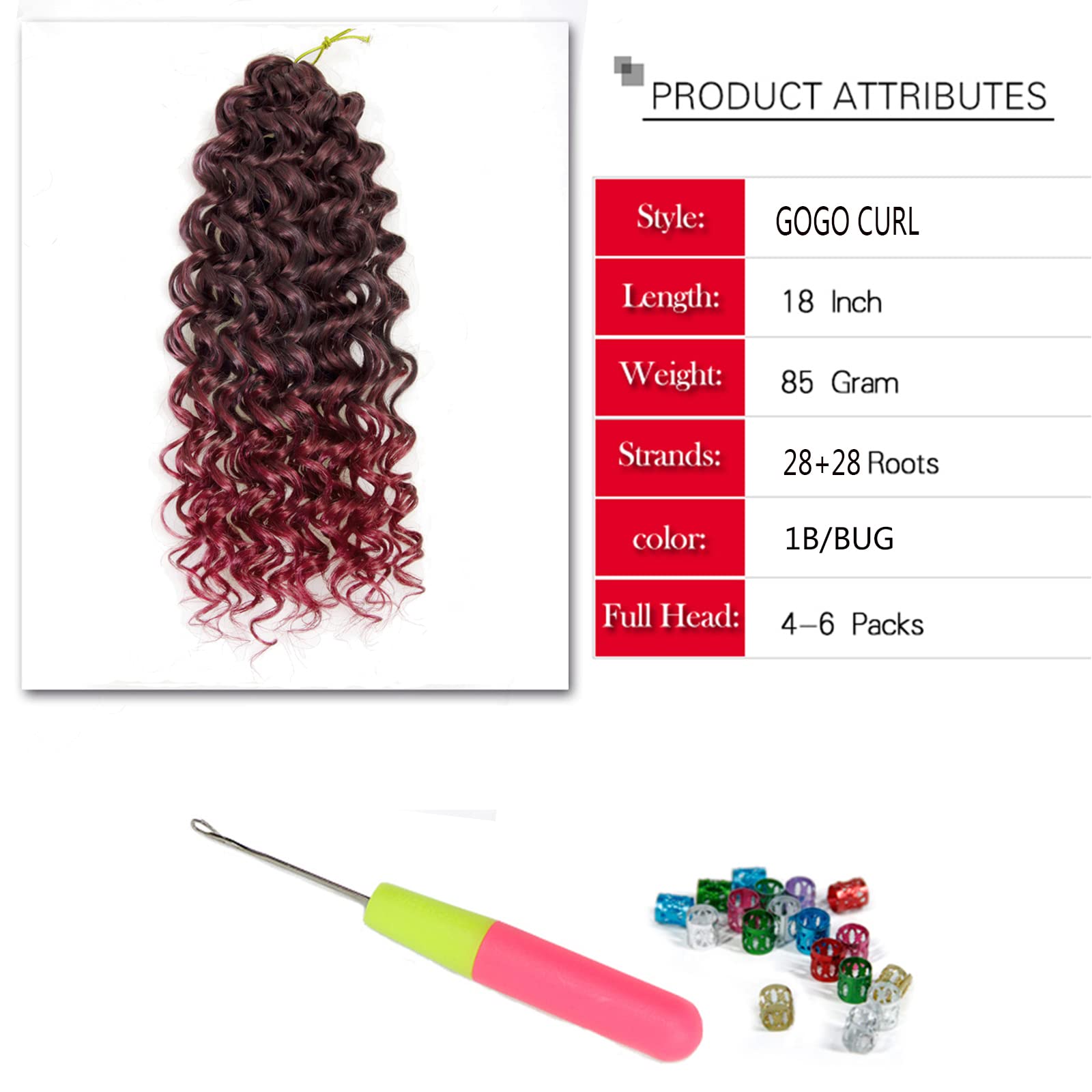 Gogo Curl Crochet Hair 18Inch Beach Curl Bohemian Crochet Hair Braids Ombre Red Deep Wave Braiding Hair Extensions (5Packs,1B/Bu