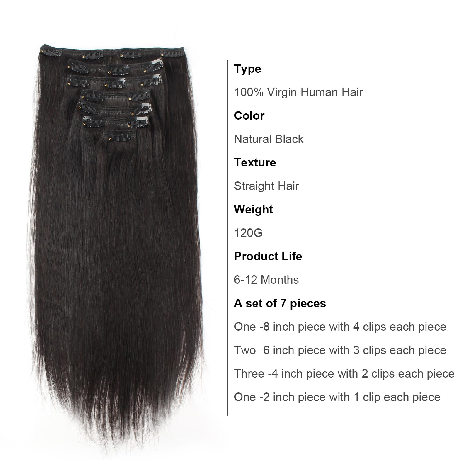 ABH AmazingBeauty Hair Silky Straight Clip in Hair Extensions for Black Women Brazilian Human Hair Extensions Double Lace Weft R
