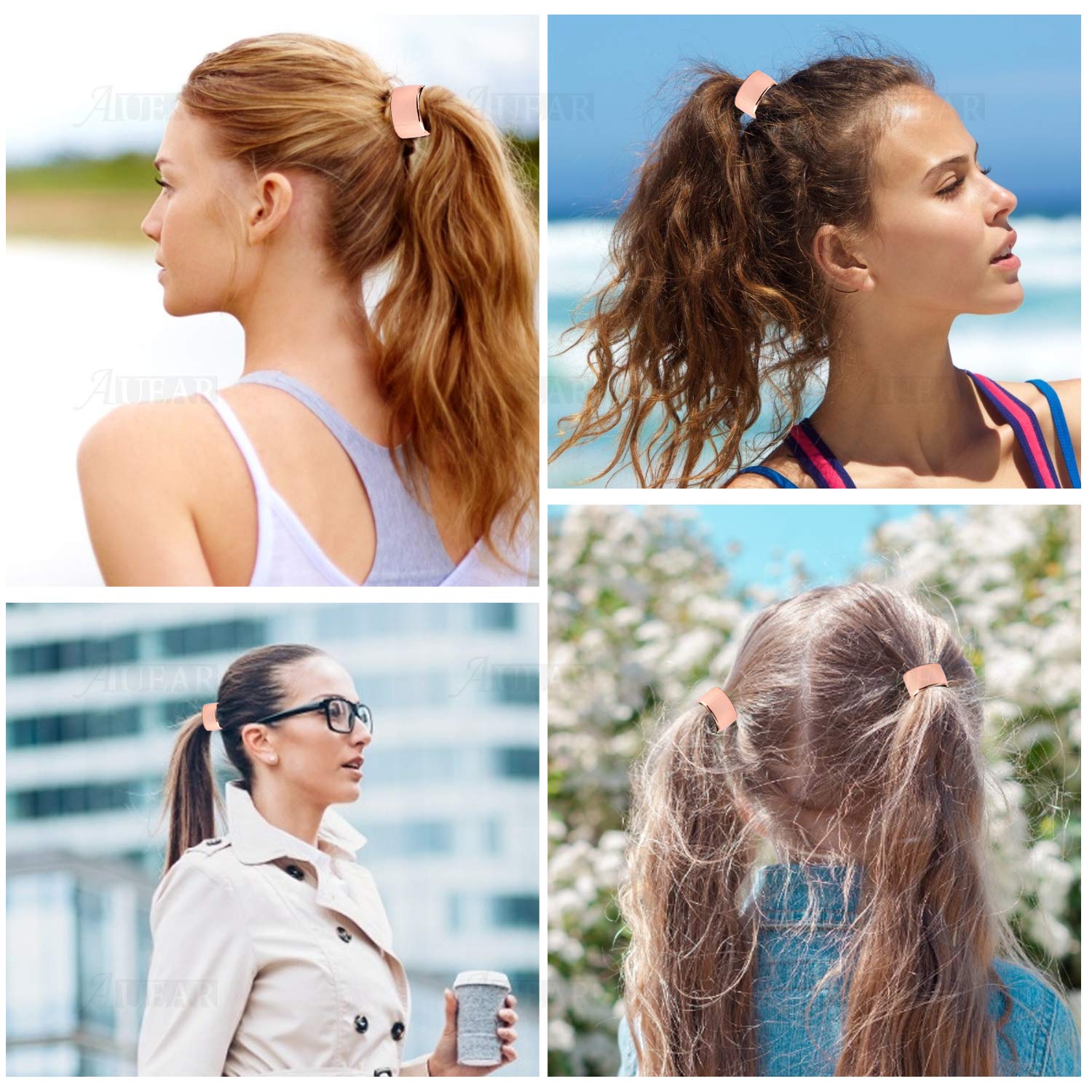 Auear, Brushed Metal Expandable Hair Cuff Ponytail Holder Elastic Hair Tie Cuff For Women Girls Hair Rings Set (4 Pack, Style 1)