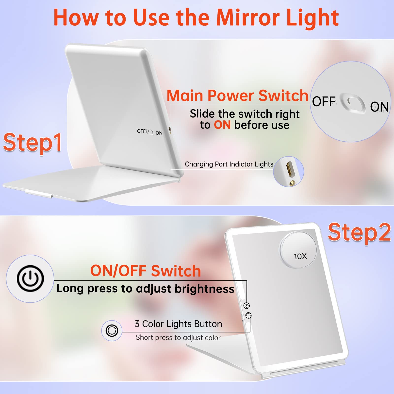 FUNTOUCH 1800mAh Rechargeable Makeup Mirror with Lights, 10x7.5", White, Model SM161+151, Portable & Dimming with 10X Magnification