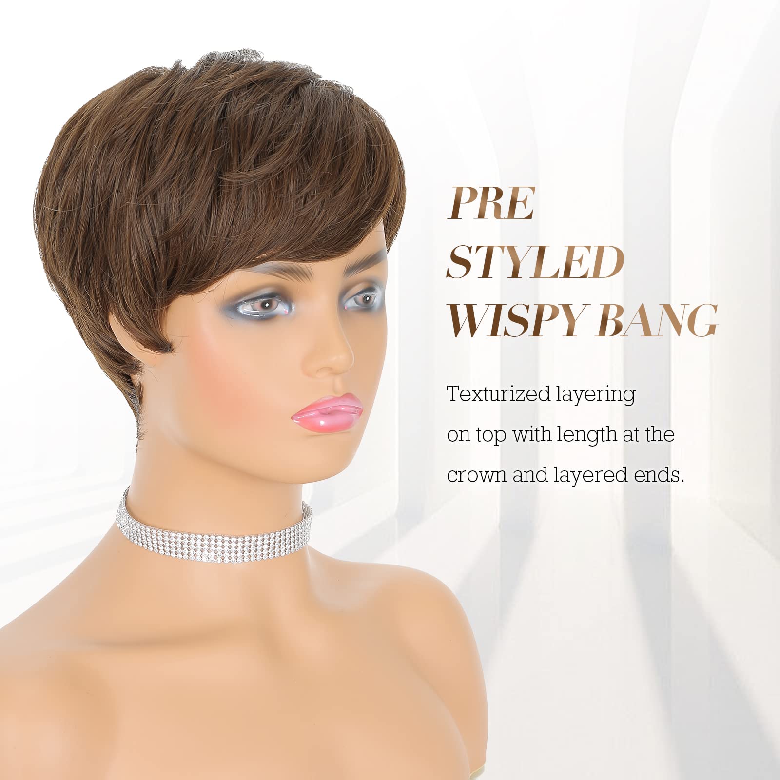 Feshfen Short Pixie Cut Wigs Synthetic Coffee Brown Pixie Haircut Wig With Bangs Glueless Layered Wavy Wigs For Women