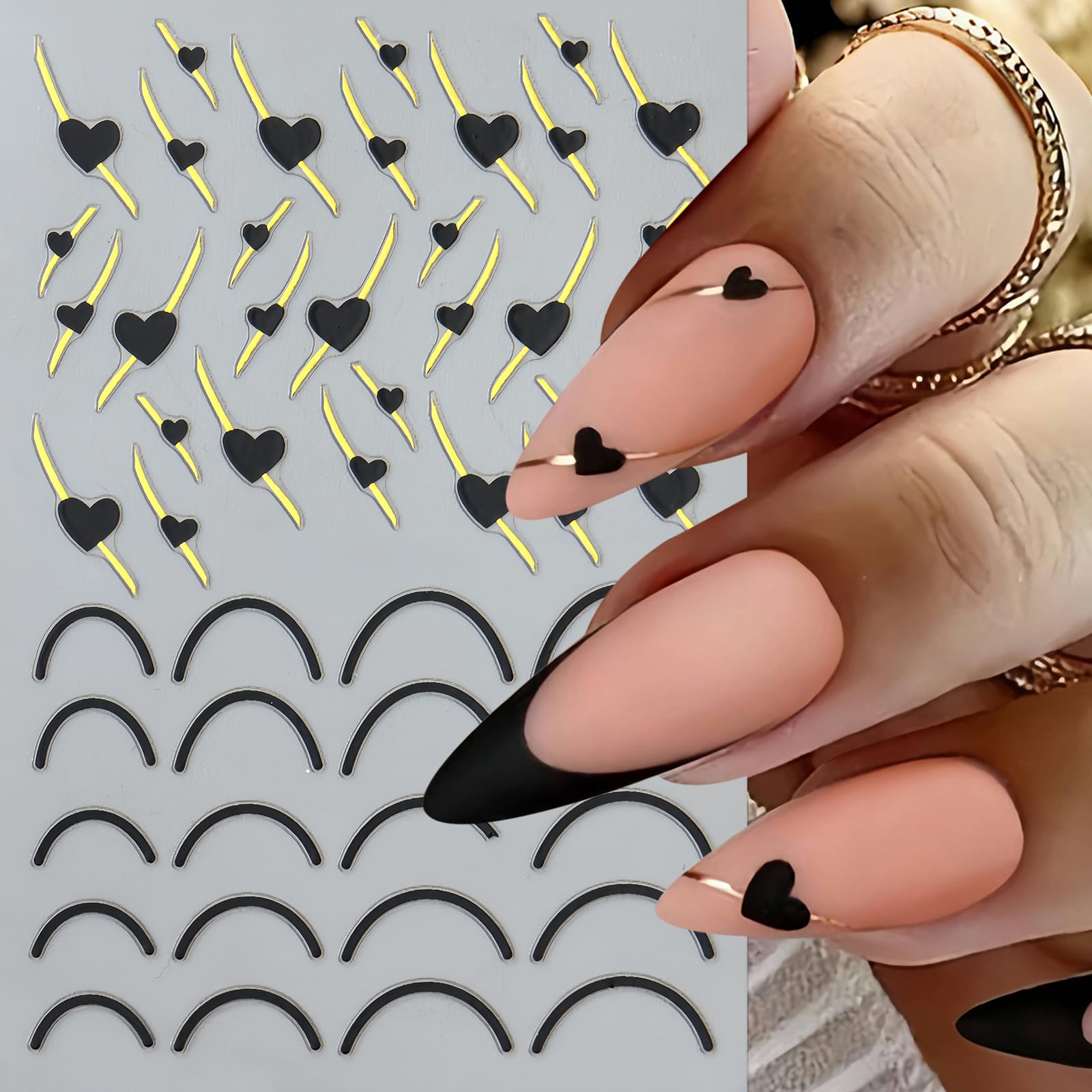 8Sheets Valentines Heart Bear Nail Stickers Gold Line Heart Nail Decals 3D Self-Adhesive Red Glitter Heart Lips Love Heart Nail