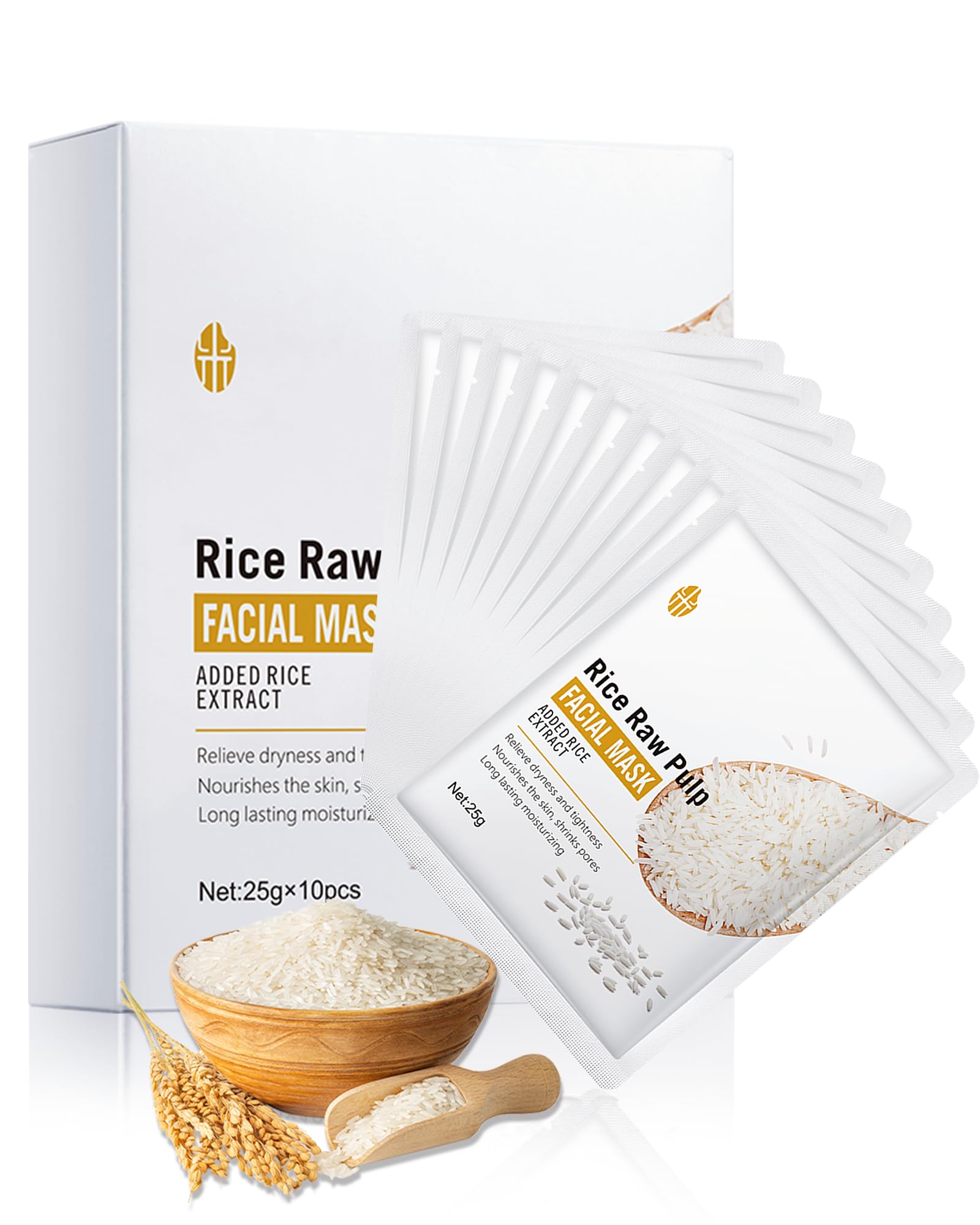 Facial Mask Skincare Set, 10Pcs Rice Raw Pulp Face Skin Care Sheet Masks,Korean Hydrating Moisturizing Improve Dullness Smoothin