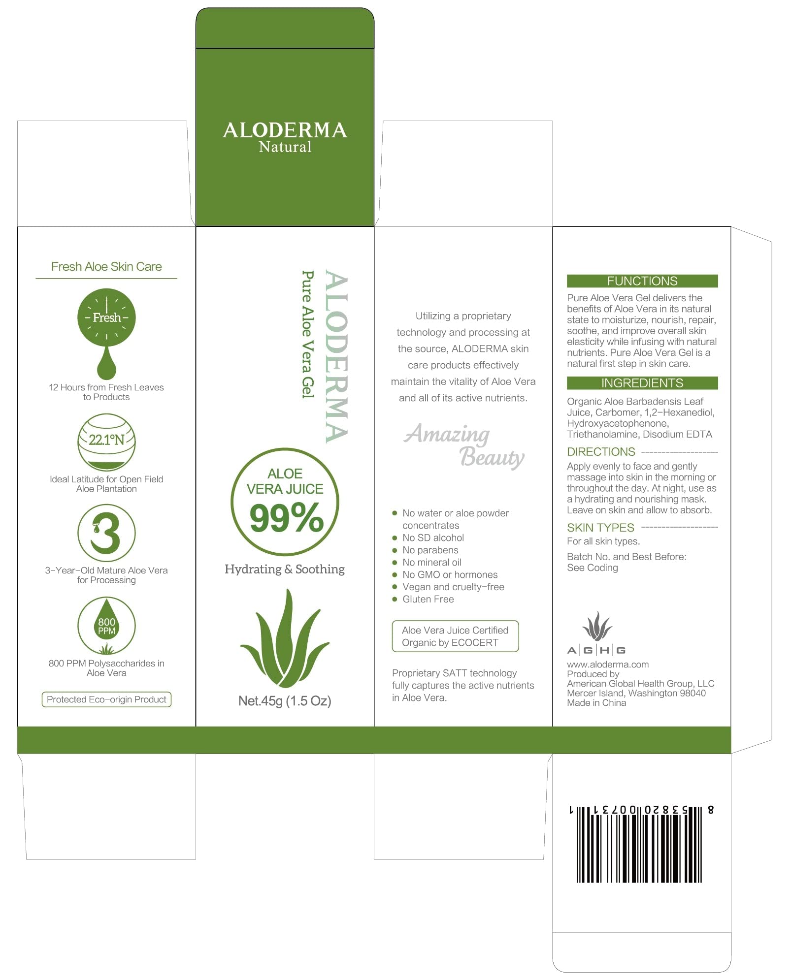 Aloderma 99% Organic Aloe Vera Gel, Bottled Within 12 Hours Of Harvest (45G, 1.5 Oz), 3 Pack, No Sticky Residue - No Powder Conc
