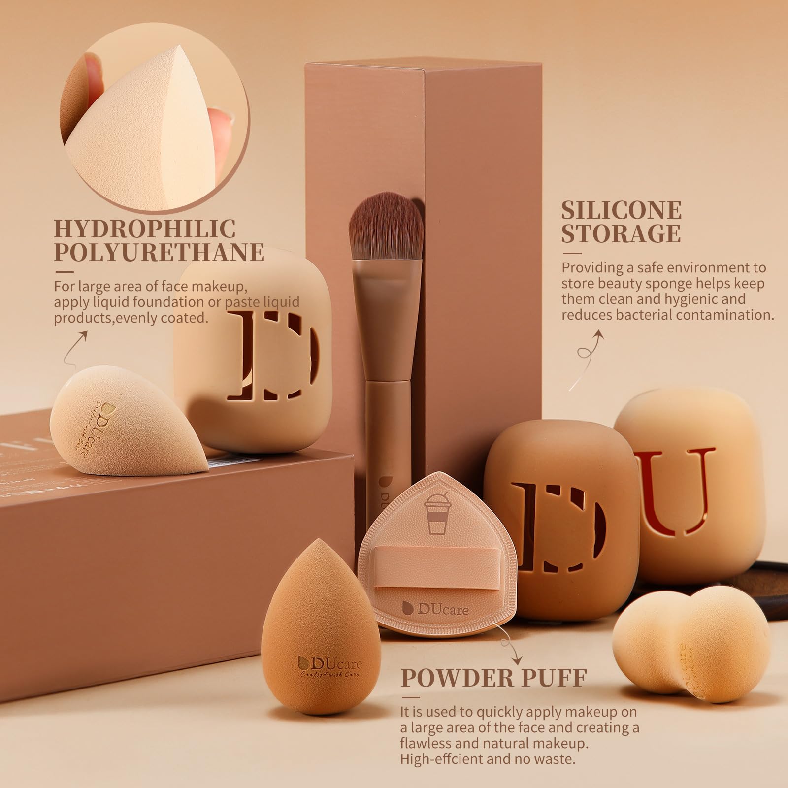 DUcare Makeup Brushes 14Pcs Coffee Series Makeup Brush set with Makeup Sponges Valentines Day Gifts Foundation Blending Face Pow