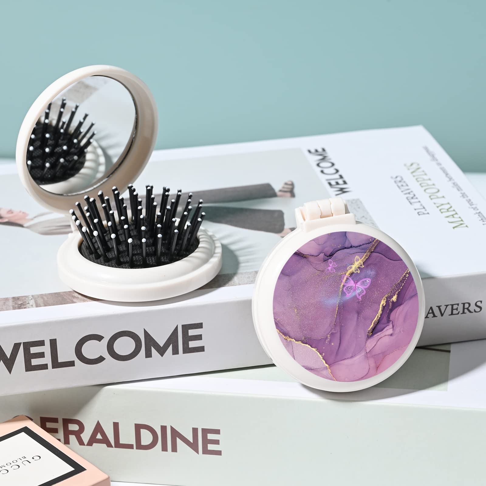Mini Hairbrush, Pocket Hairbrush With Mirror, Portable For Purse/Pocket, Travel Size (Purple Butterfly)