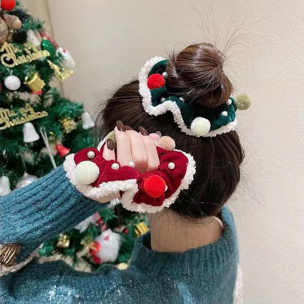 Christmas Scrunchies Xmas Hair Ties for Women Red Hair Accessories Fuzz Ball Design Green Hair Scrunchies Elastics Hair Bands Pa
