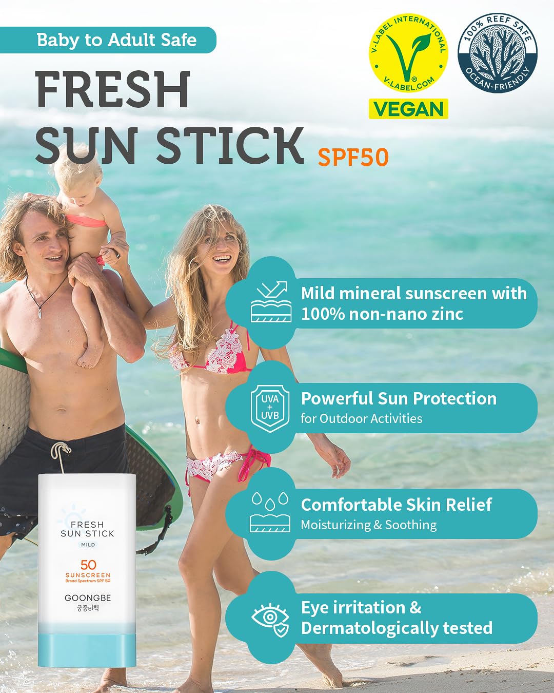 GOONGBE Fresh Sun Stick Mild SPF 50 - No White Cast Zinc Oxide Mineral Sunscreen Stick Balm - Non Greasy Soft Matte Finish - Tra