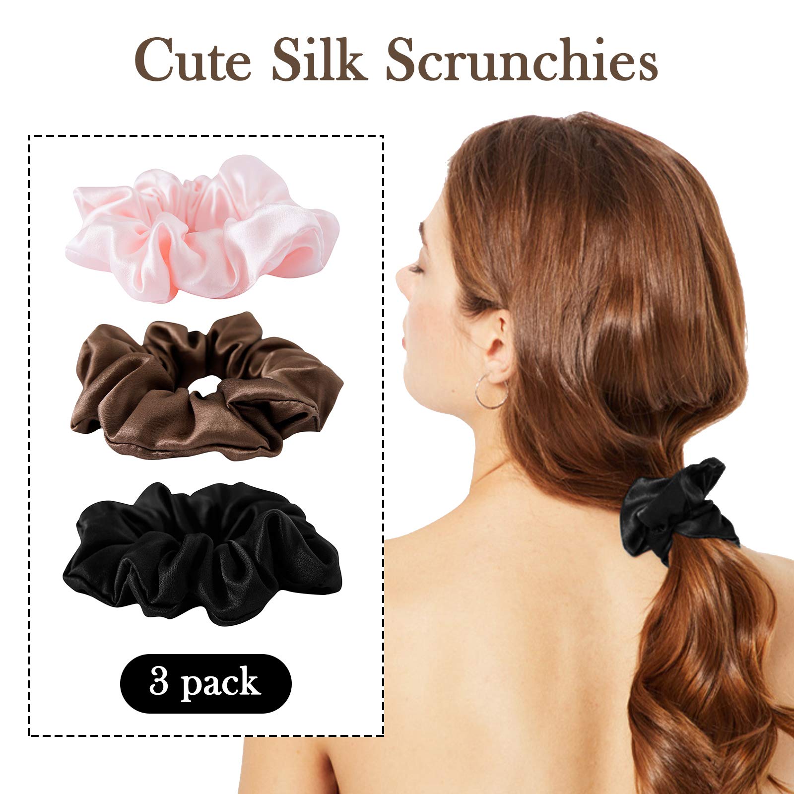 SOBONNY Silk Scrunchies for Women - 100% Mulberry Silk Hair Ties, 3 Pack, No Damage Elastic Ponytail Holders (Brown, Black, Pink