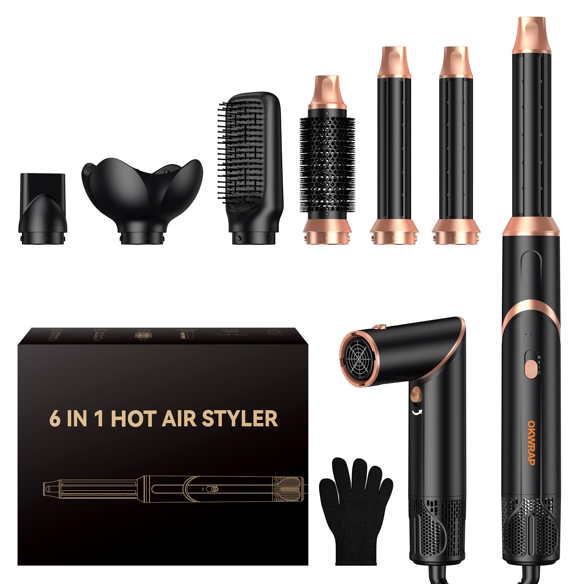 6 in 1 Hair Dryer Brush, Foldable Blow Dryer Brush with Air Styler Curler Wrap, Detachable Hot Air Brush Dry,Volumize, Straight,