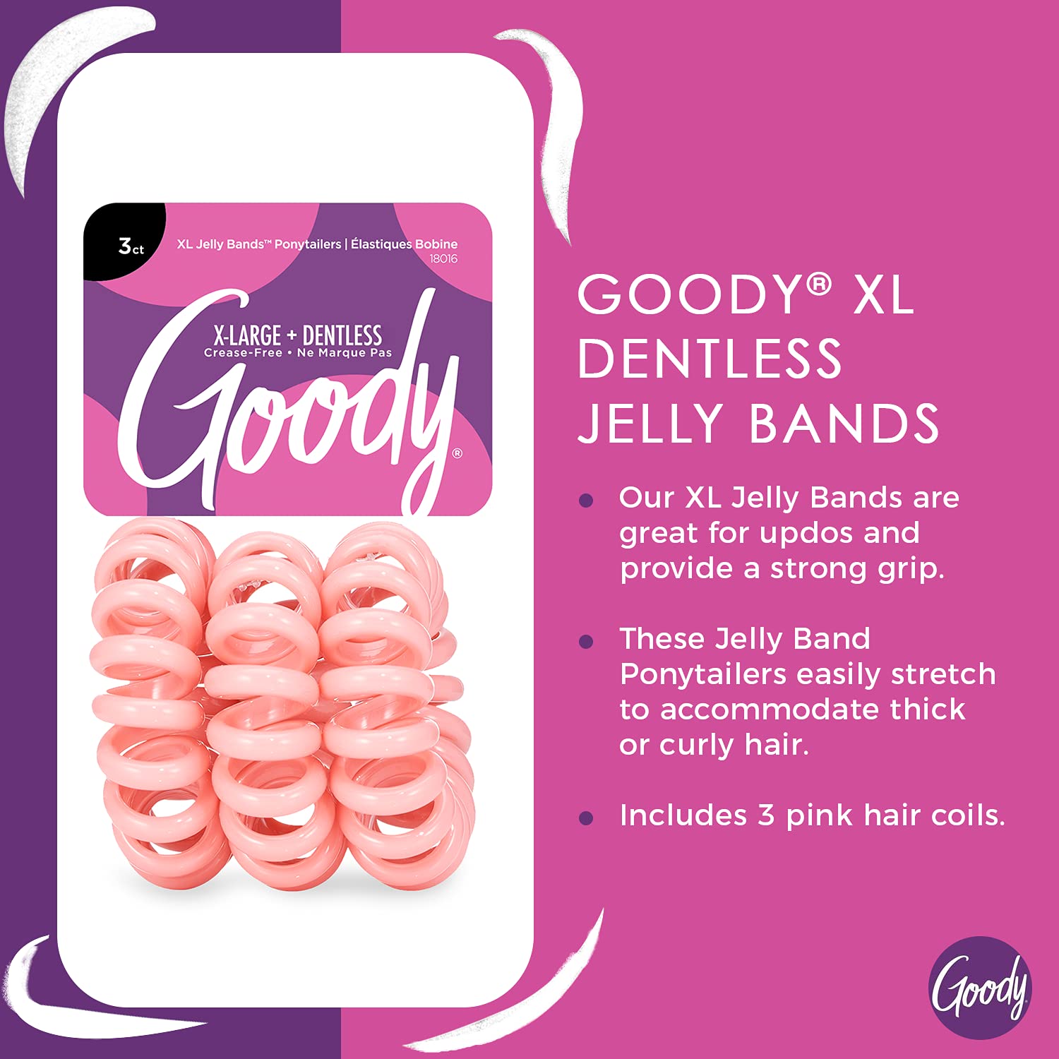 Goody Dentless Jelly Bands - Elastic Hair Coils for Long Lasting Braids, Ponytails, and More - 3 Count, Pink - Medium to Thick H