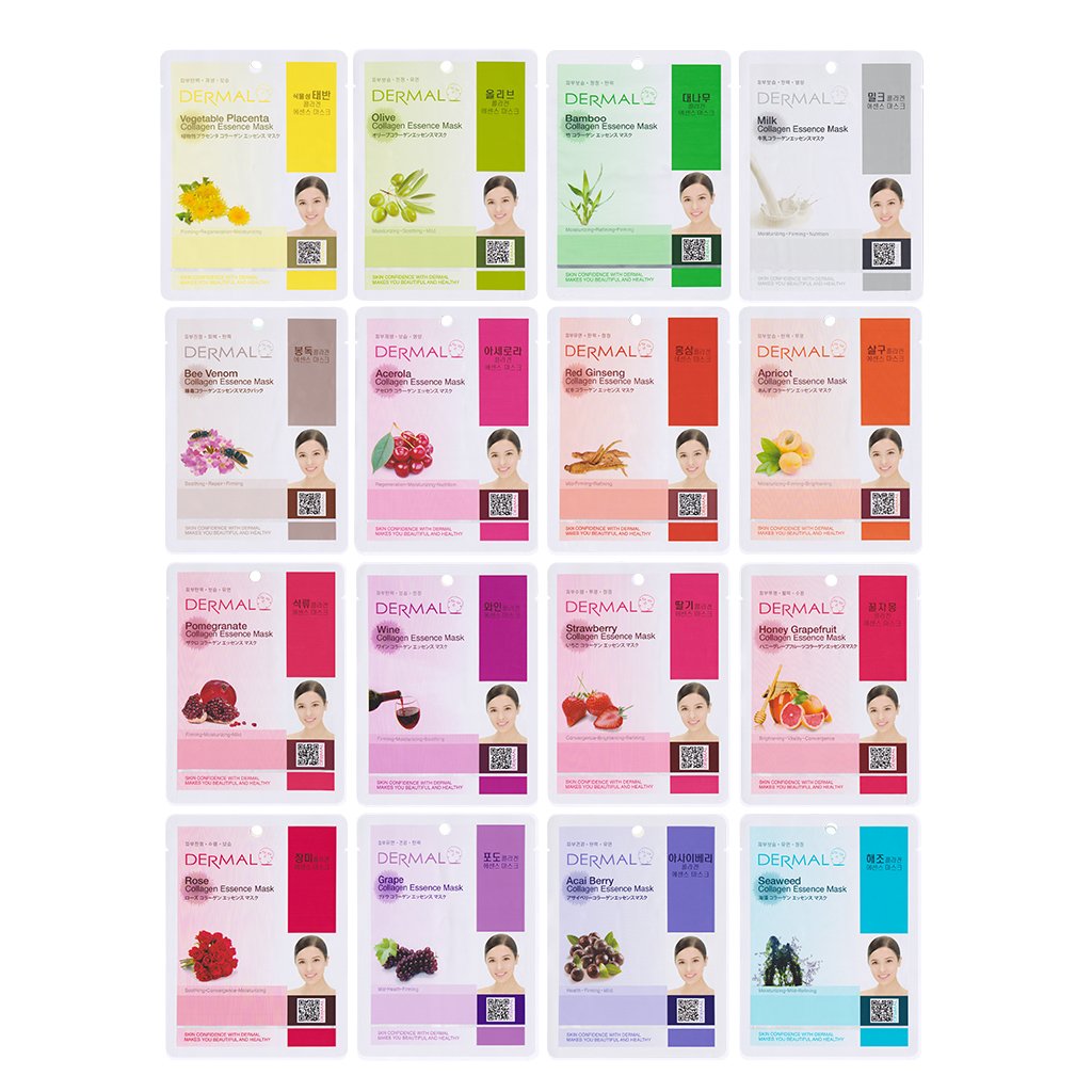Dermal 16 Combo Pack B Collagen Essence Korean Face Mask - Hydrating & Soothing Facial Mask With Panthenol - Hypoallergenic Self