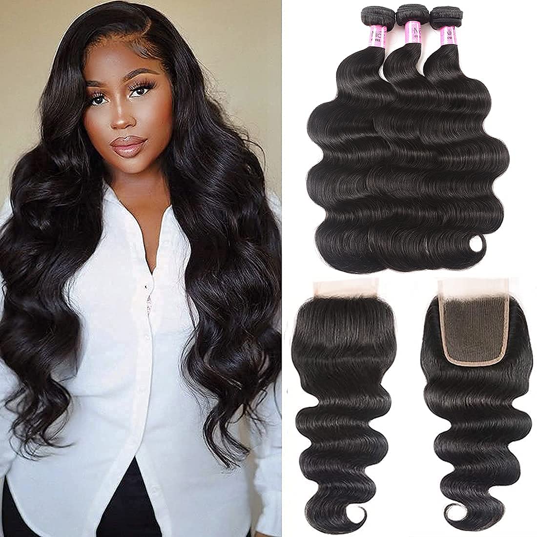 UNice Hair Icenu Series Hair Brazilian Virgin Human Hair Body Wave 3 Bundles with Closure 100% Real Unprocessed human Virgin Hai