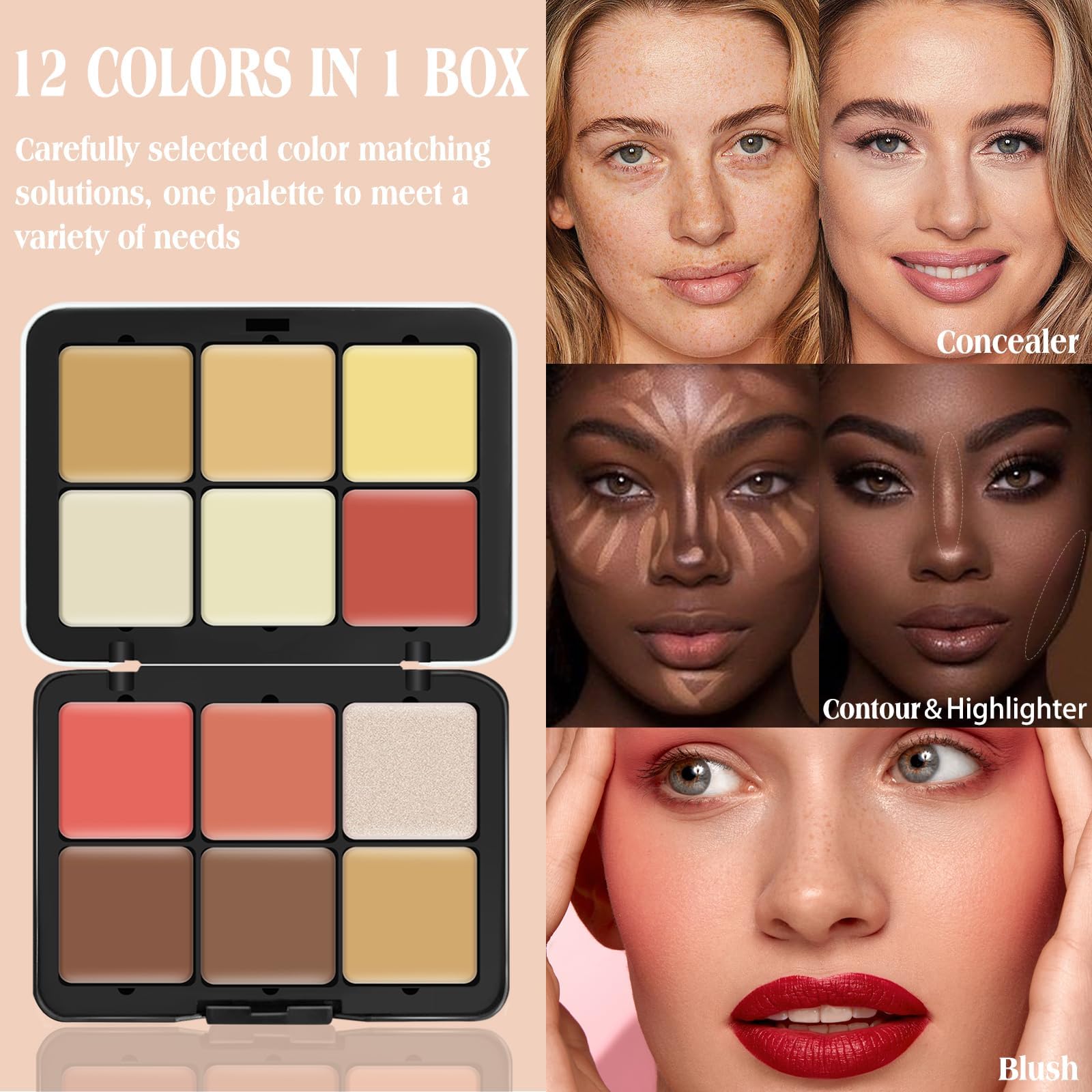 Lsxia 12 Colors Cream [Blush+Contour+Concealer+Highlighter] Makeup Palette For Cheeks - Multi-Functional Makeup Palette With Bru