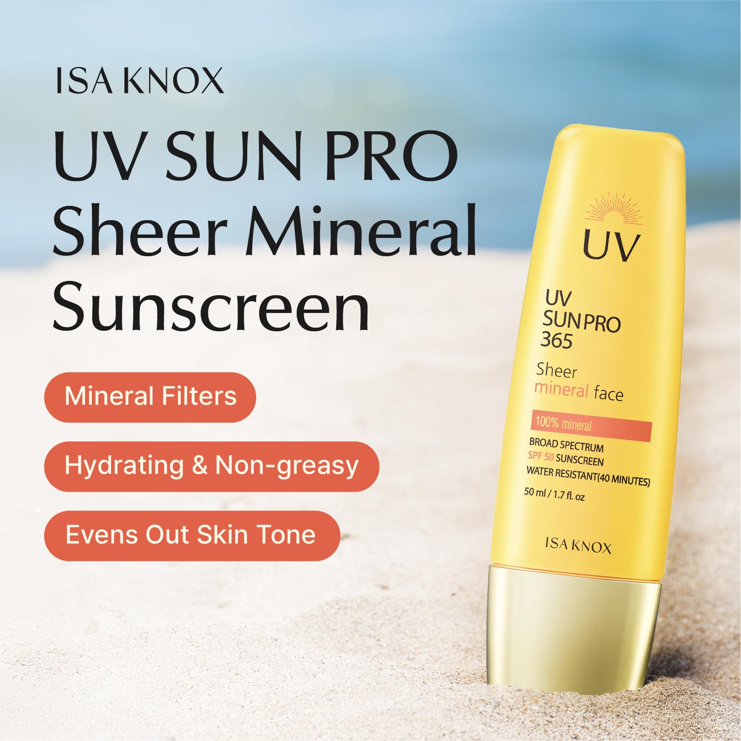 Isa Knox UV SUN PRO Sheer Mineral Sunscreen (1.7 fl oz) - Korean Skincare,SPF 50 Broad-Spectrum, Matte Finish, Water-Resistant,