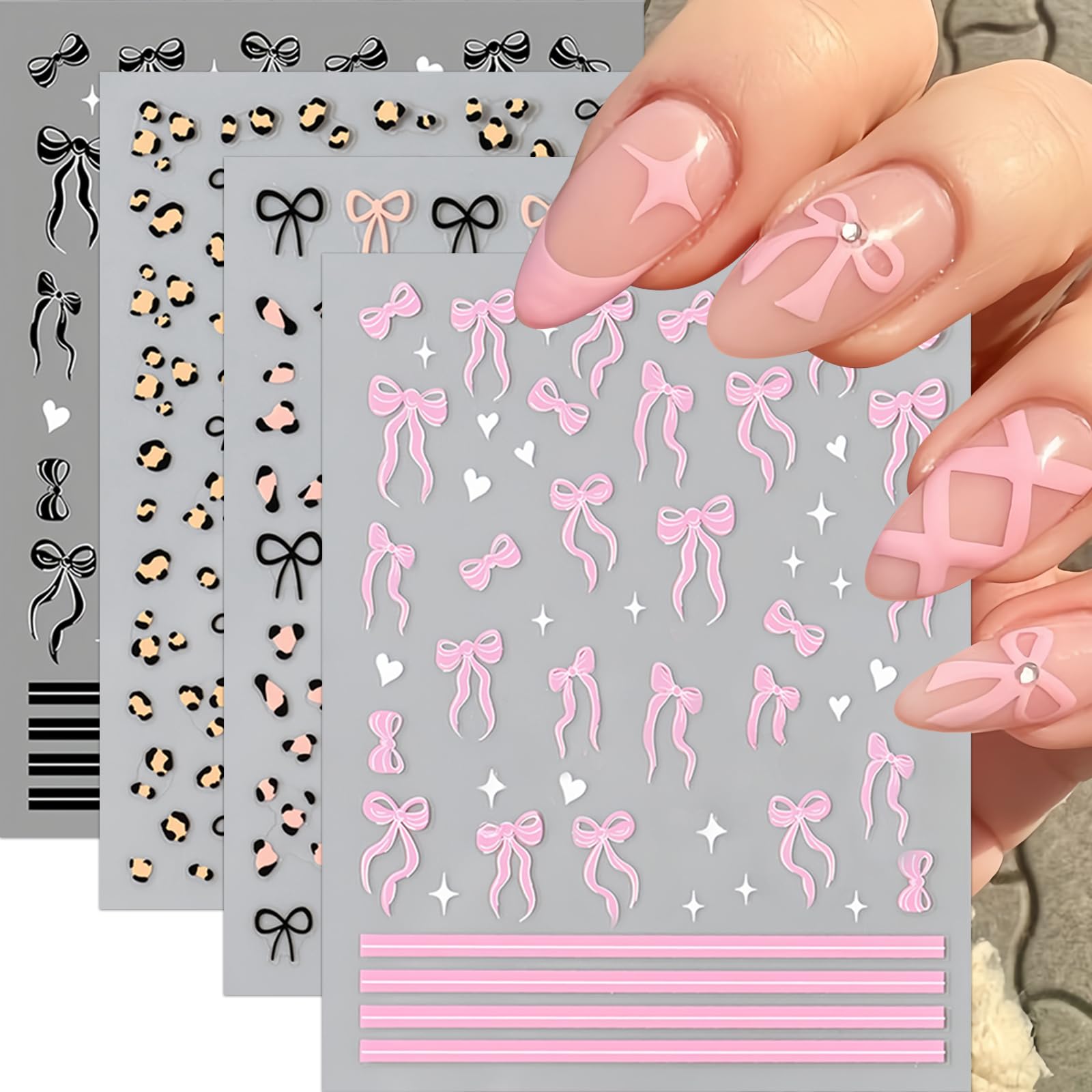 8Pcs Leopard Print Nail Art Stickers 3D Self-Adhesive Black Pink Bow-Knot Nail Decals Cute Tiny Bow French Line Nail Design Supp