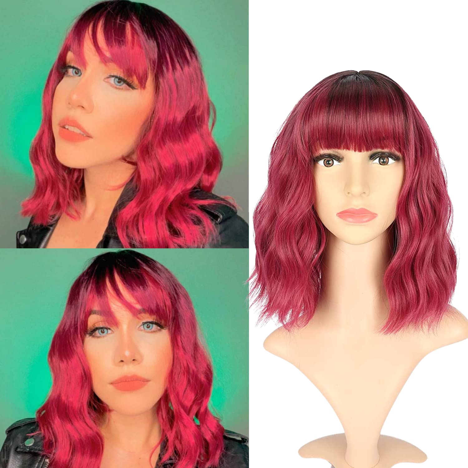 Vckovcko Ombre Color Natural Wavy Bob Wig With Air Bangs Short Bob Wigs Women'S Shoulder Length Wigs Black To Pink Purple Curly