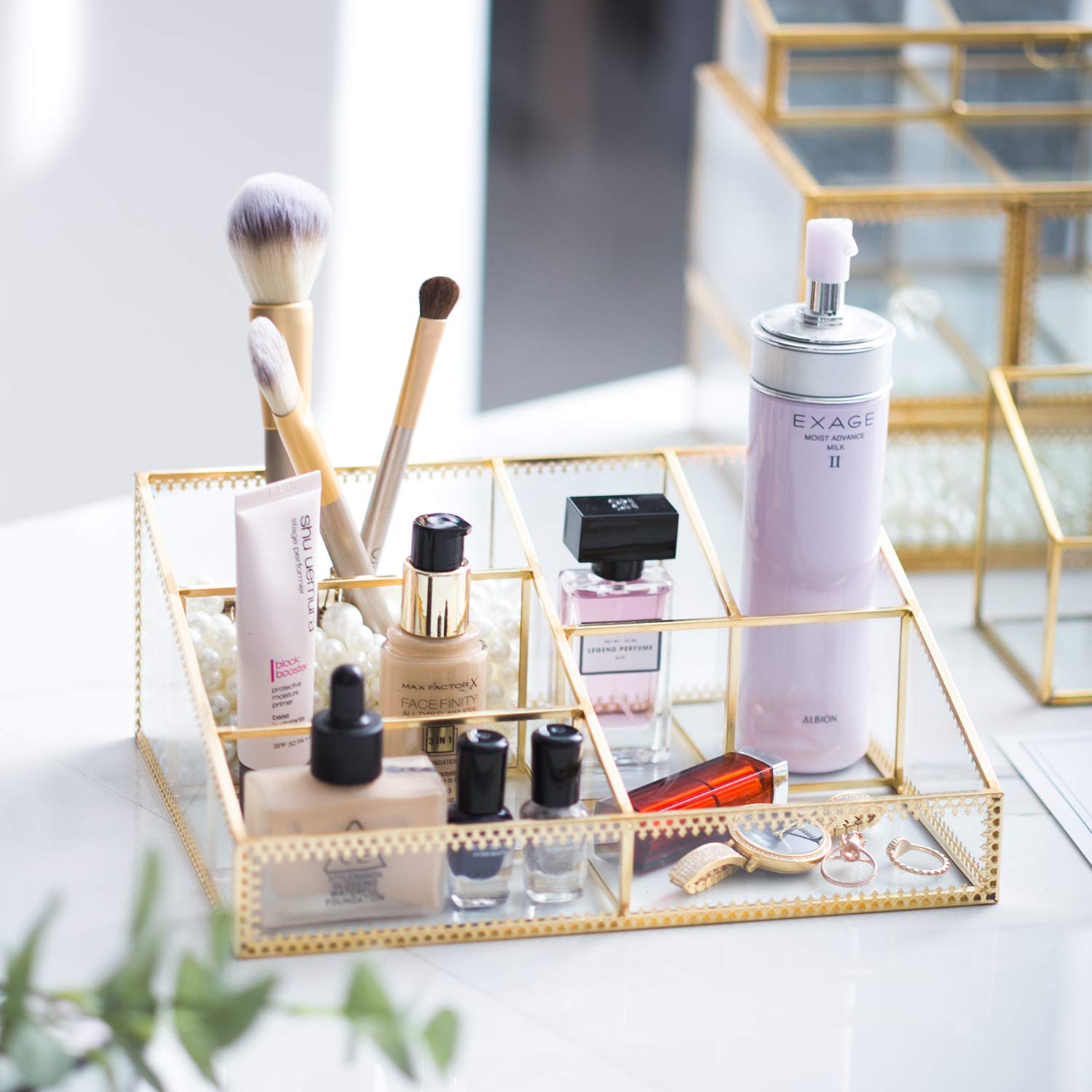 Makeup Organizer Antique Countertop Cosmetic Storage Box Glass Beauty Display, Gold Spin Large Capacity Holder for Brushes Lipst